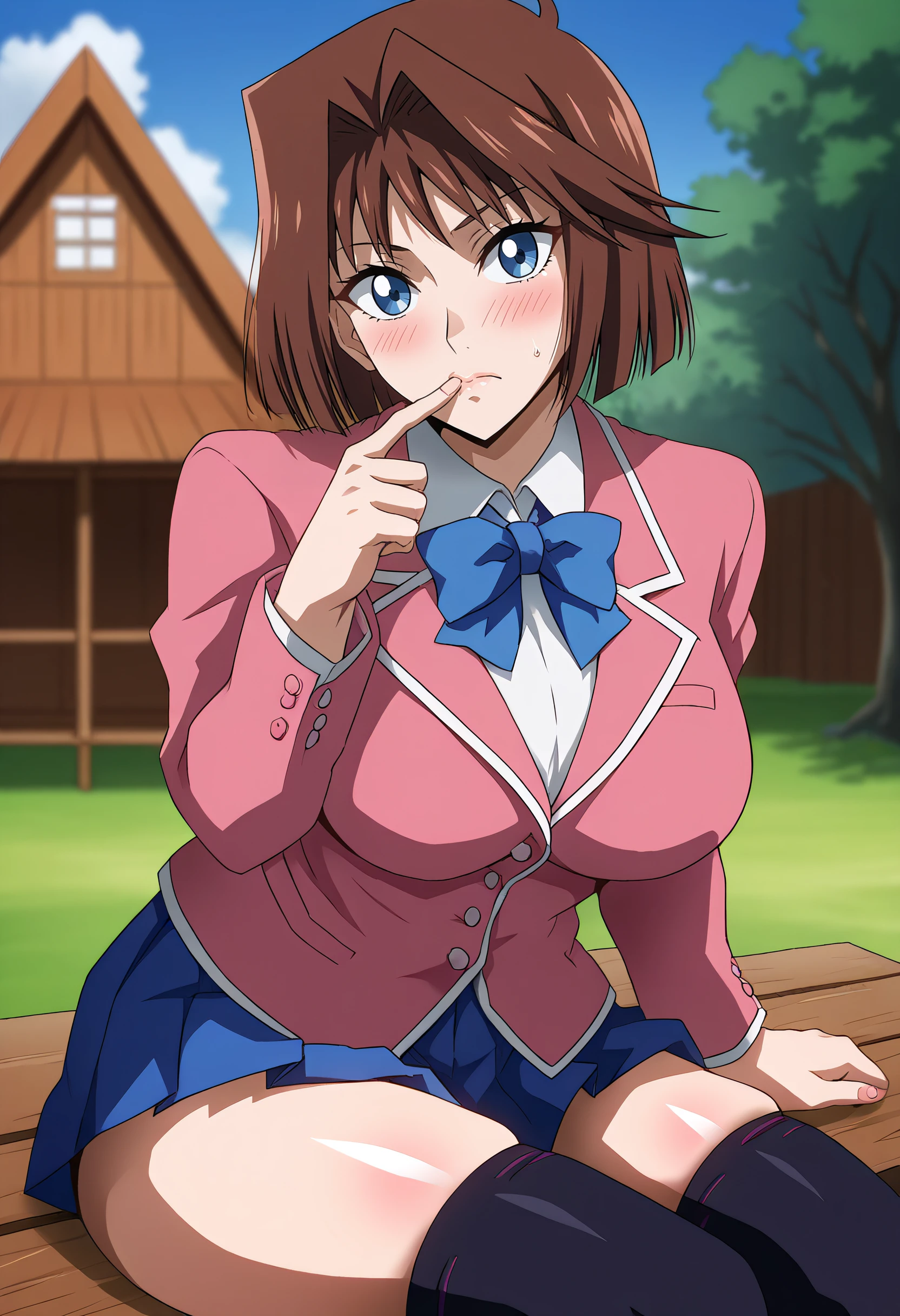 harayu, score_9, score_7_up, source_anime BREAK 1girl, looking at viewer, close-up,
<lora:AnzuMazaki_Dwnsty-000008:0.8>, anzuma_def, brown hair, blue eyes, hair intakes, short hair, blue bowtie, pink blazer, white shirt, long sleeves, pleated skirt, blue skirt, black thighhighs,
large breasts, skindentation,lips, blush, closed mouth, bent back Middle of spine pushed backwards, raised eyebrow, finger to mouth, Sitting on edge pose, Skinny body,
 hut,  sky, refraction, windy sky, depth of field,