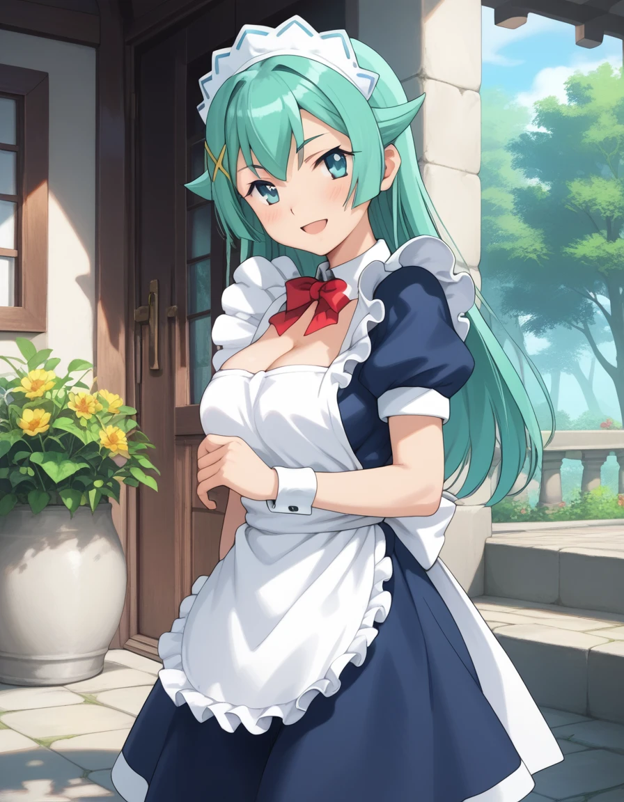 tesla_violet, long hair, hair ornament, aqua hair, green hair, aqua eyes, large breasts,
maid headdress, maid, pantyhose, apron
<lora:tesla_violet_pony_v1:1>
standing, dynamic pose ,
open mouth, blush,light smile
looking at viewer,(cowboy shot,:1.3),
outdoor, score_9, score_8_up, score_7_up, BREAK source_anime, best quality, masterpiece,very aesthetic, zPDXL2,official art,detailed_eyes,1girl, solo,