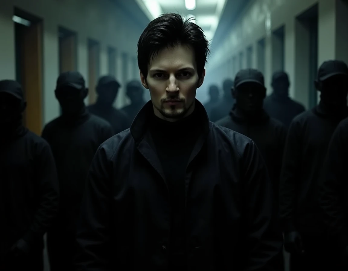 A close up shot Photo of Pavel Durov in a dark, intense setting similar to the famous Rorschach meme from watchmen. Durov is standing in the center of a french prison with a determined, almost menacing expression. The room around him is filled with shadowy figures, appearing nervous and threatened. Durov’s stance is powerful and confident, conveying the message, 'None of you seem to understand. I'm not locked in here with you... you're locked in here with me!' The overall atmosphere is gritty, with dramatic lighting highlighting Durov as the focal point of the scene, emphasizing his dominance and control over the situation