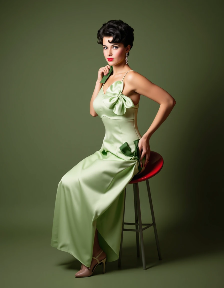 The pinup photography depicts a woman in a satin gown seated on a red circular stool. She has dark hair styled in an updo and is adorned with red lipstick and earrings. The gown is in a shade of light green and she holds a green ribbon. The background is a muted green giving a vintage feel. The composition is centered around the woman with her gaze directed towards the viewer., professional photography