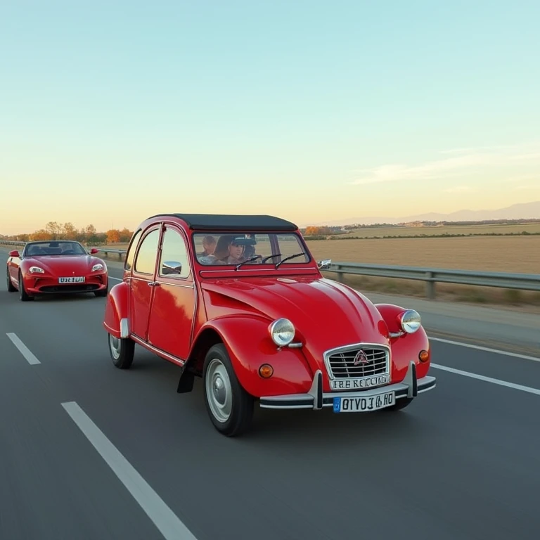 2CV, a pearly red car is passing a sportcar on the highway  <lora:2CV:0.8>