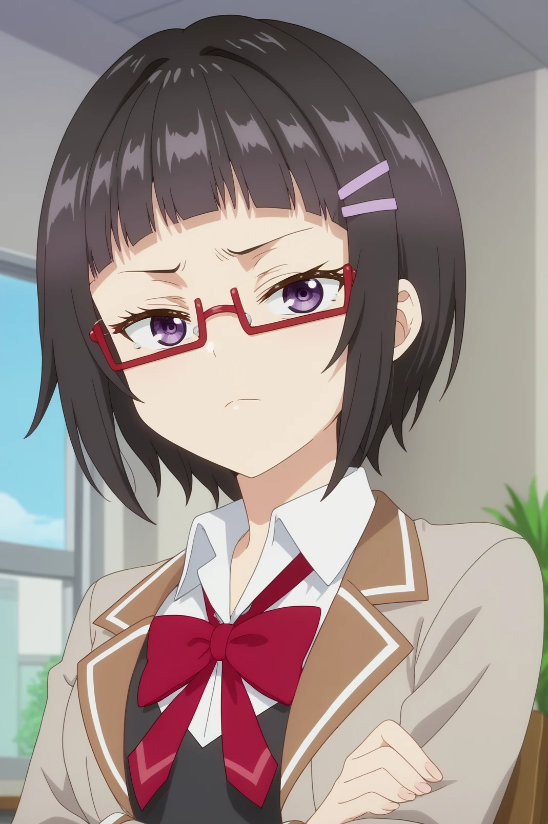 sayaka taniyama,anime screencap,1girl,solo,mature,short hair,school uniform,bow,purple eyes,jacket,bangs,red bow,shirt,collared shirt,indoors,classroom,windows,sky,plant,red-framed eyewear,hairclip,bangs,emotionless,crossed arms <lora:Sayaka_Taniyama - PDXL2.safetensors:0.8> <lora:detailed_backgrounds_v2:0.8>