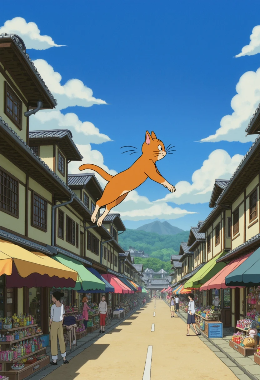 A scene from the animated Studio Ghibli movie Spirited Away: A playful orange tabby cat leaps gracefully from rooftop to rooftop in a quaint, bustling town. Below, the streets are filled with stalls selling strange and delightful goods, and the air is filled with the sounds of laughter and chatter. The catâs agile movements and curious nature reflect the lively energy of the town.