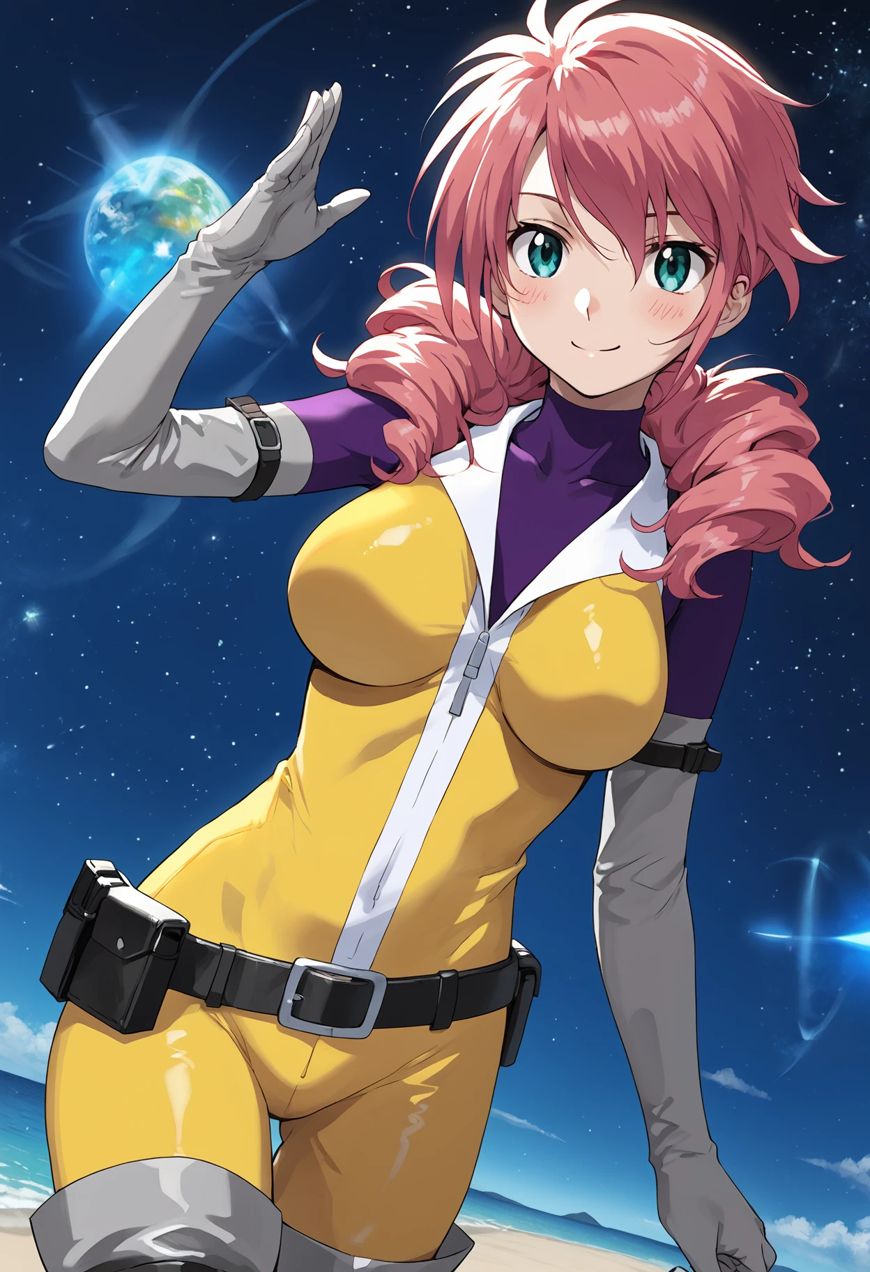 score_9, score_8_up, score_7_up, score_6_up, score_ANIME,, feldtgrace, feldts1, yellow jumpsuit, 1girl, solo, turtleneck bodysuit, pink hair, belt, elbow gloves, green eyes, twin drills, long hair, open collar, large breasts, hair over shoulder <lora:feldt_grace_pony:1>  looking at viewer,  blush, thigh boots,  cowboy shot,   space,  night sky,  smile, in air, floating,