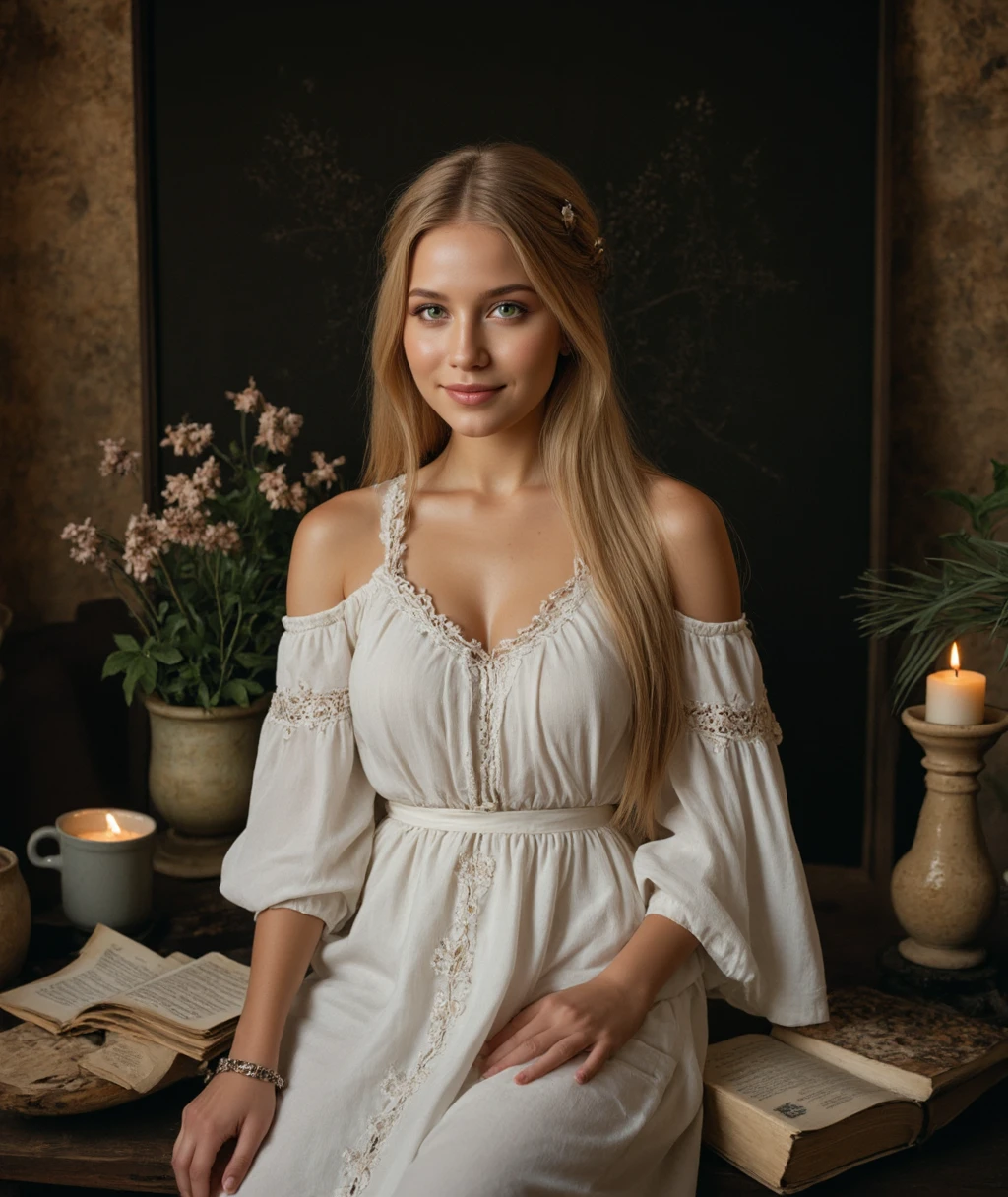 cinematic film still inematic photo highly detailed documentary photo of herbalist, 1girl, solo, long hair, looking at viewer, smile, blonde hair, bare shoulders, jewelry, green eyes, indoors, blurry, bracelet, lips, book, depth of field, plant, realistic, potted plant, candle, medieval shop, masterpiece, best quality:1.1, ultra photoreal, photorealistic:1.0, sharp focus:1.1, depth of field:1.1, god rays:1.4, 50mm, style of Nathan Wirth, Hasselblad X1D II, Porta 160, (((boobs out))) detailed embroidery , ((white dress)) ((big boobs)) . 35mm photograph, film, bokeh, professional, 4k, highly detailed <lora:lora-sdxl-perfect-eyes:1>, cinematic photorealistic, 8k uhd natural lighting, raw, rich, intricate details, key visual, atmospheric lighting, 35mm photograph, film, bokeh, professional, 4k, highly detailed . shallow depth of field, vignette, highly detailed, high budget, bokeh, cinemascope, moody, epic, gorgeous, film grain, grainy