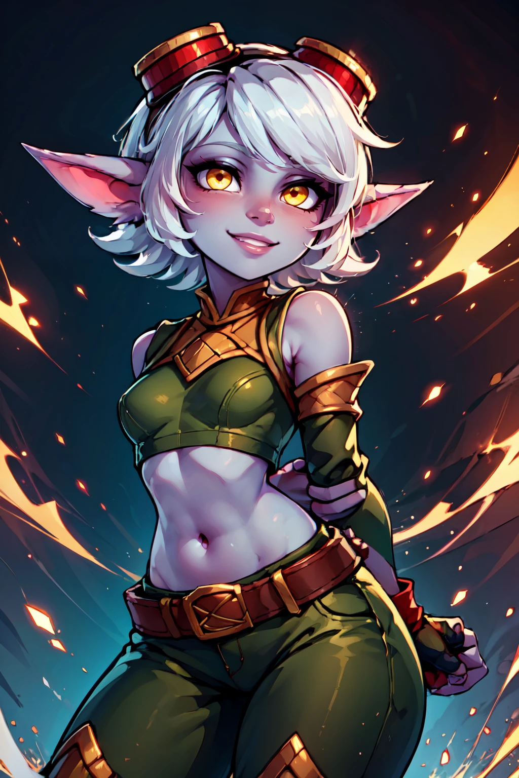 ((masterpiece,best quality)), absurdres,  BREAK, , <lora:Tristana_Leagueoflegends:0.7>,  zzTristana, yordle, yellow eyes, pointy ears, white short hair, goggles on head, purple skin, medium breasts, green crop top, navel exposed, arm sleeves, fingerless gloves, green pants, belt, grenade belt, confident stance, dynamic pose, vibrant cityscape in the background, playful expression, glowing lights, whimsical atmosphere, (hands behind back),, BREAK, side view, hip to the side, contrapposto,, BREAK, solo, smile, looking at viewer, cowboy shot,