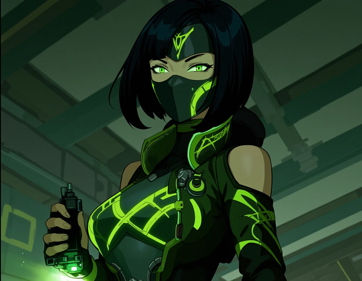 <lora:v15_zzz_comix2_000005750:1> zzzgamecomix style, a striking woman in her mid-30s with sleek, jet-black hair that falls just below her shoulders. She is dressed in a futuristic, form-fitting green and black tactical suit with intricate patterns and glowing accents, emphasizing her lethal and mysterious aura. Her piercing green eyes are visible through a high-tech, half-mask covering the lower half of her face, hinting at her deadly expertise with toxins. She stands confidently, holding a canister of toxic gas in one hand, with a cloud of green smoke swirling around her. The background is a dimly lit industrial setting, with pipes and metallic surfaces adding to the atmosphere of danger and precision. The focus of the image is on her commanding presence and the cold, calculated look in her eyes, symbolizing her role as a fearsome agent.âââ