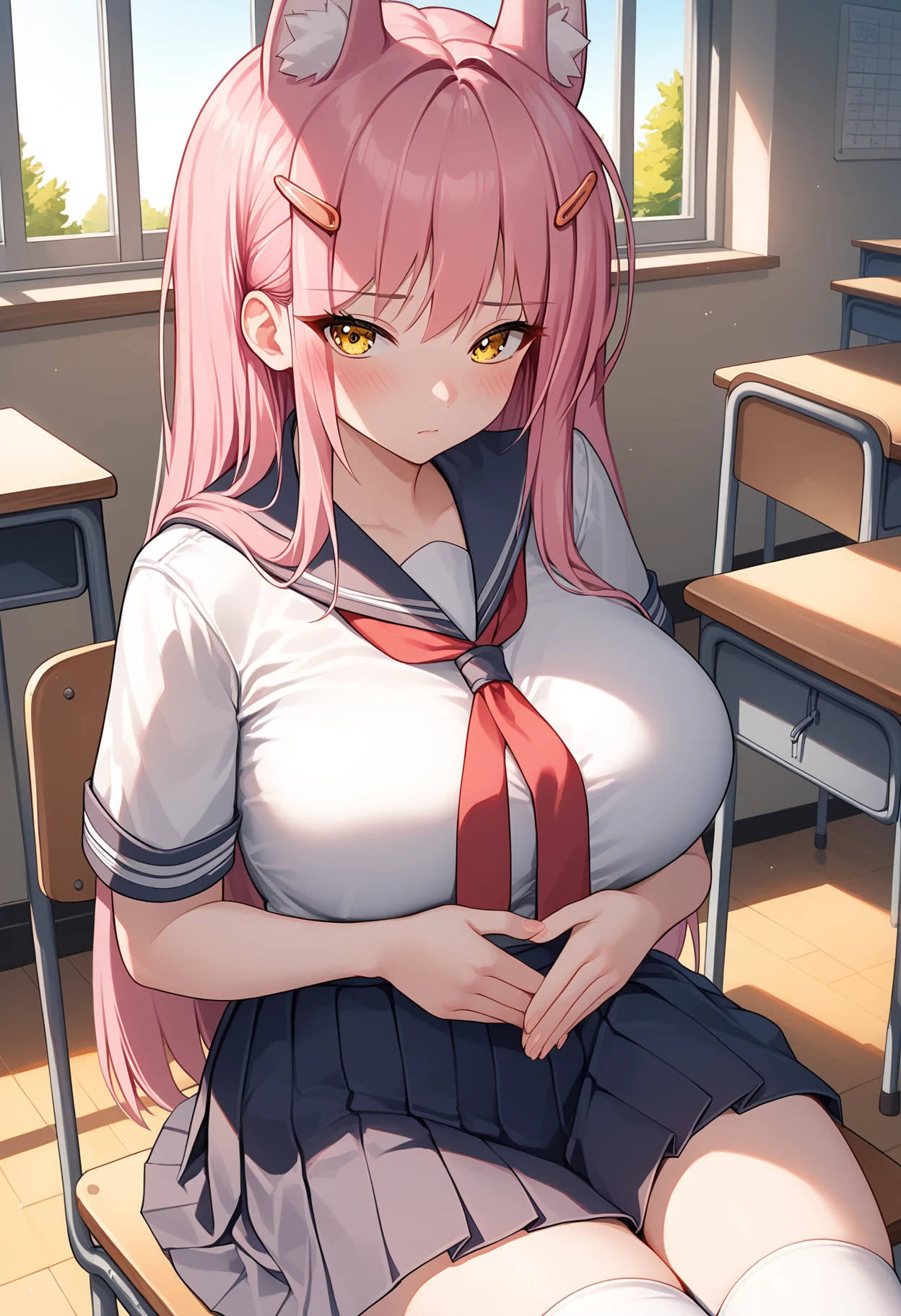 trip, 1 girl, Jacket, uniform, blazer, shirt, red_tie, pink_skirt, (masterpiece, highest quality), High resolution, break ((1 girl)), alone, red noodles, Sweat, ((Make a frown)), (One eye closed), Wink, ((Big Breasts)), Surreal, Very detailed, Detailed face, Very detailedなテクスチャ, (Shiny Hair:1.05), (Shiny skin:0.97), (Big eyes:0.95), Thick thighs, Wide Hips, Thigh-high socks, trip_udongein_Inaba, Bunny ears, (((seiza))), Light purple hair, red eyes, Long Hair, (black blazer), pink pleated skirt, Crescent Badge, ((shibari)), (The rope is wrapped around the body multiple times.), wound with rope, ((bondage)), ((rope bondage)), ((((hands tied behind)))), ((((Put your arms behind your back)))), sit on tatami, Thighs together, Sit on your knees, (((seiza))),