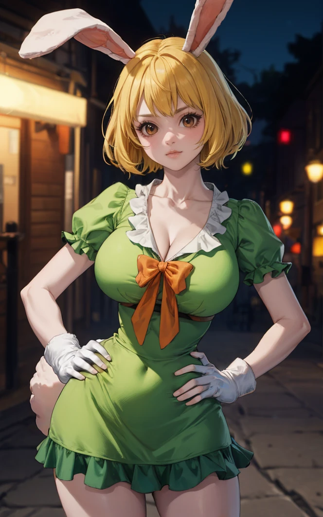 outdoors, lens flare, depth of field, bokeh, vanishing point, solo, looking at viewer, BREAK ((masterpiece, best quality)), 
GreenDress_Carrot_ownwaifu,
1girl, blonde hair, rabbit girl, short hair, furry female, rabbit tail, animal ears, brown eyes, rabbit ears, large breasts, animal nose, body fur, white fur, colored skin,
green dress, puffy short sleeves, cleavage, green skirt, bow, collarbone, white gloves, frills, green shirt, short dress,
(contrapposto, hand on hip)<lora:ONEPIECE_Carrot_ownwaifu:0.8>, 
 insaneres, absurdres,