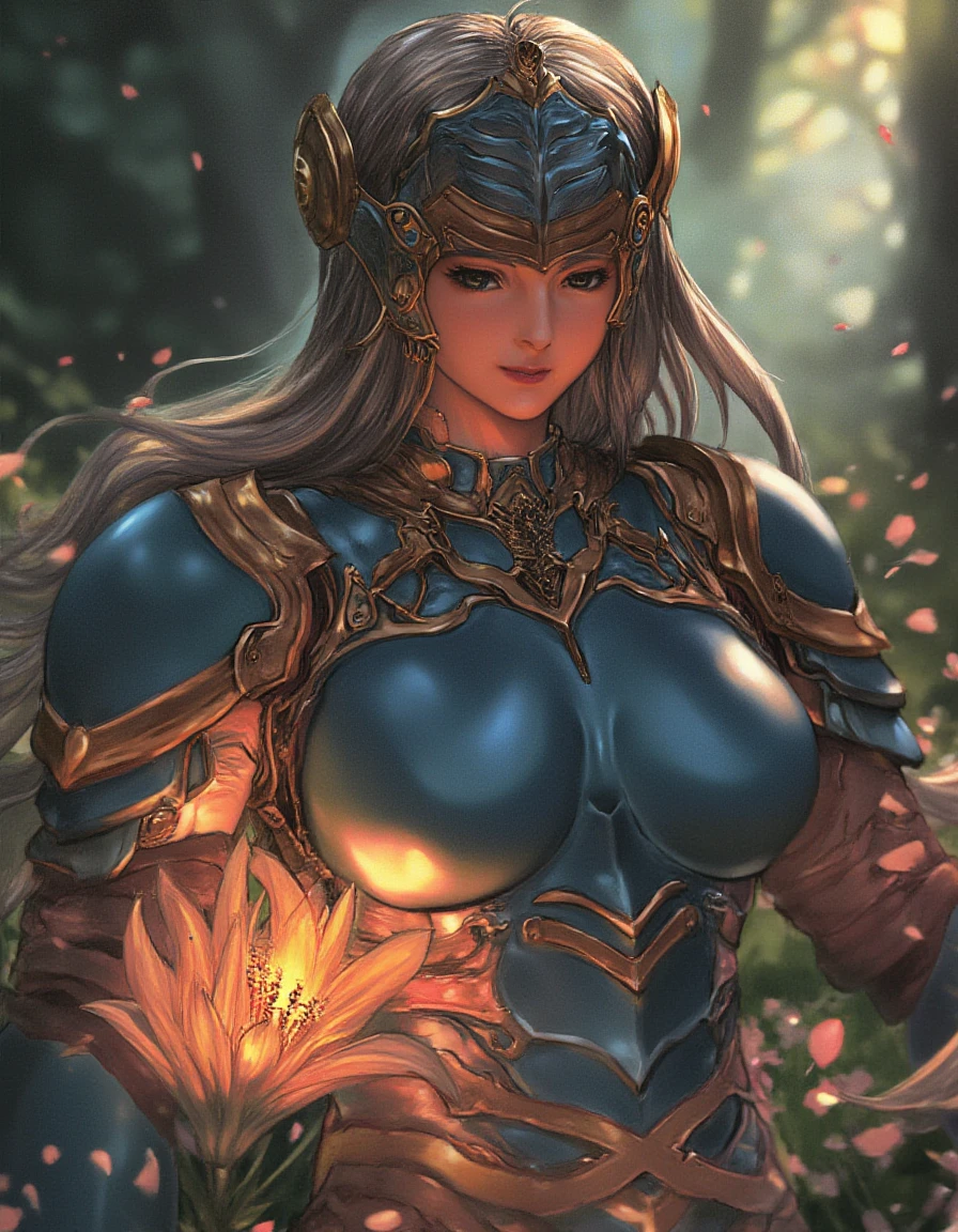 best quality, masterpiece, 1girl,  <lora:Yoshinari Style flux:1>,(lenneth),outdoors,petals, floating hair, lily \(flower\), glowing, depth of field, chiaroscuro, mature female, large breasts, large breasts,nature, scenery, architecture,helmet, armor, armored dress, (HDR, UHD, 8K,best quality,masterpiece,Highly detailed,Studio lighting,ultra-fine painting,sharp focus,physically-based rendering,extreme detail description,Professional,Vivid Colors),