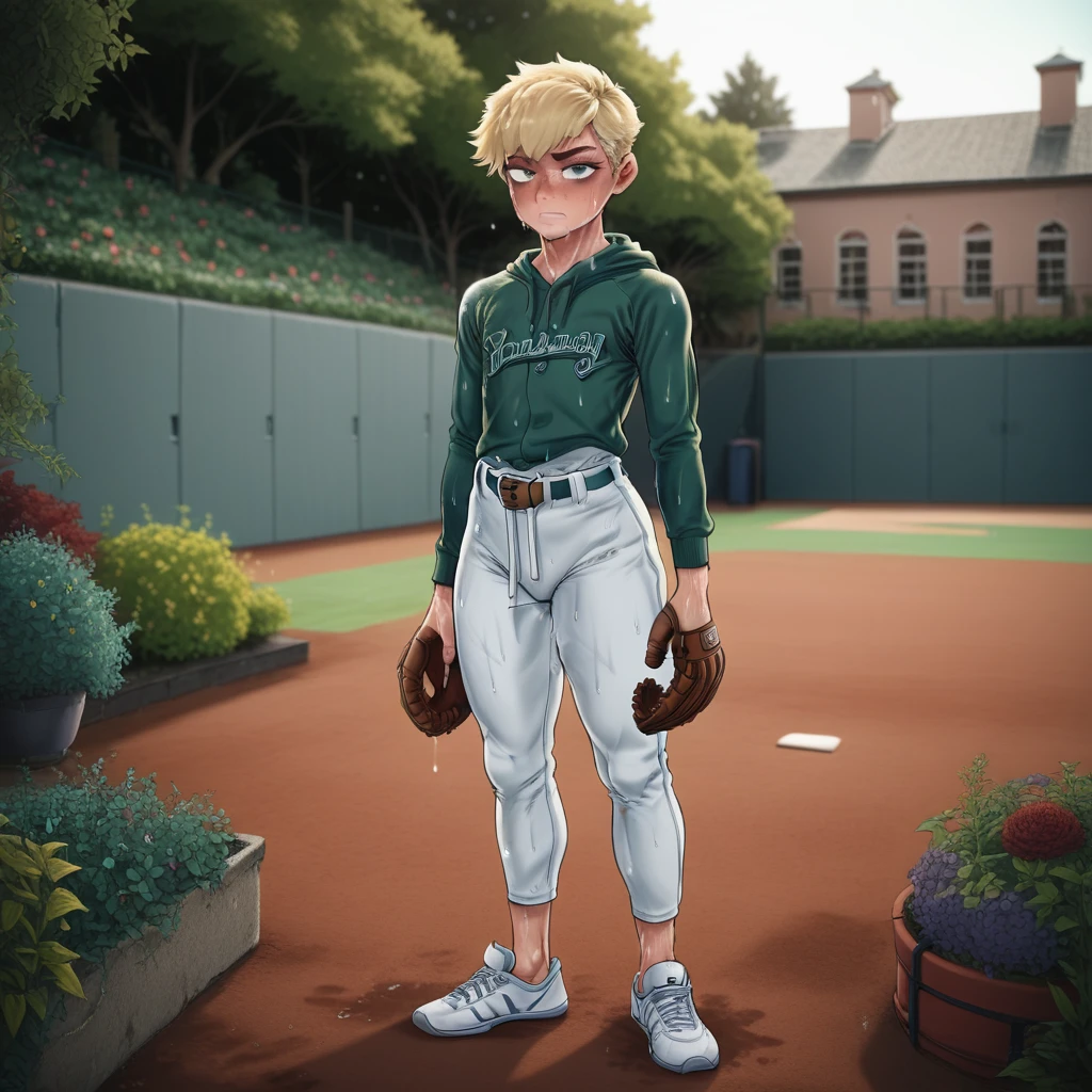 swimsuit, white footwear, green hoodie, building, shorts, holding, tree, baseball mitt, bulge, covered nipples, score_5_up, sportswear, blonde hair, sweat, sweaty, ball, outdoors, highleg, garden, blurry, barefoot, muscular, body freckles, belt, white pants, day, very short hair, drawstring