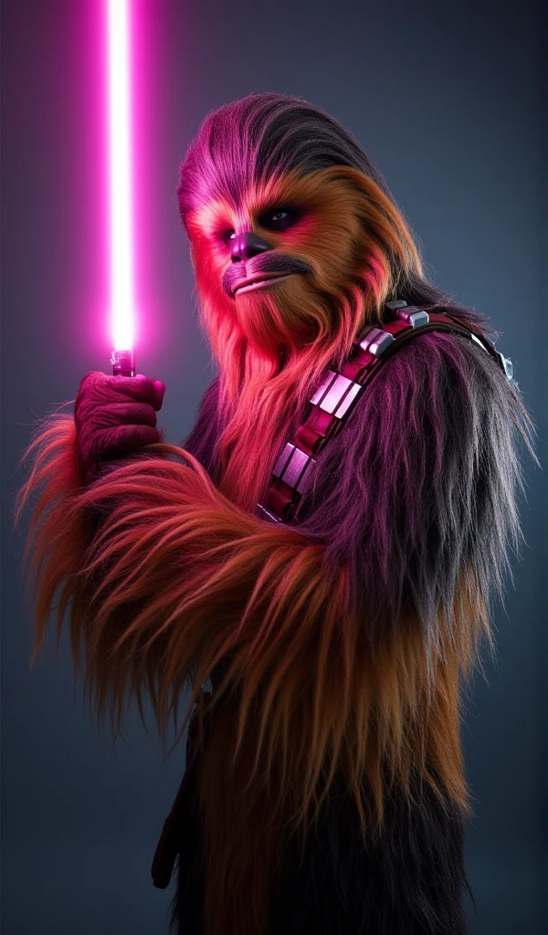 a full body chewbacca is a jedi with a pink light saber, star wars background <lora:Chewbacca:0.8>