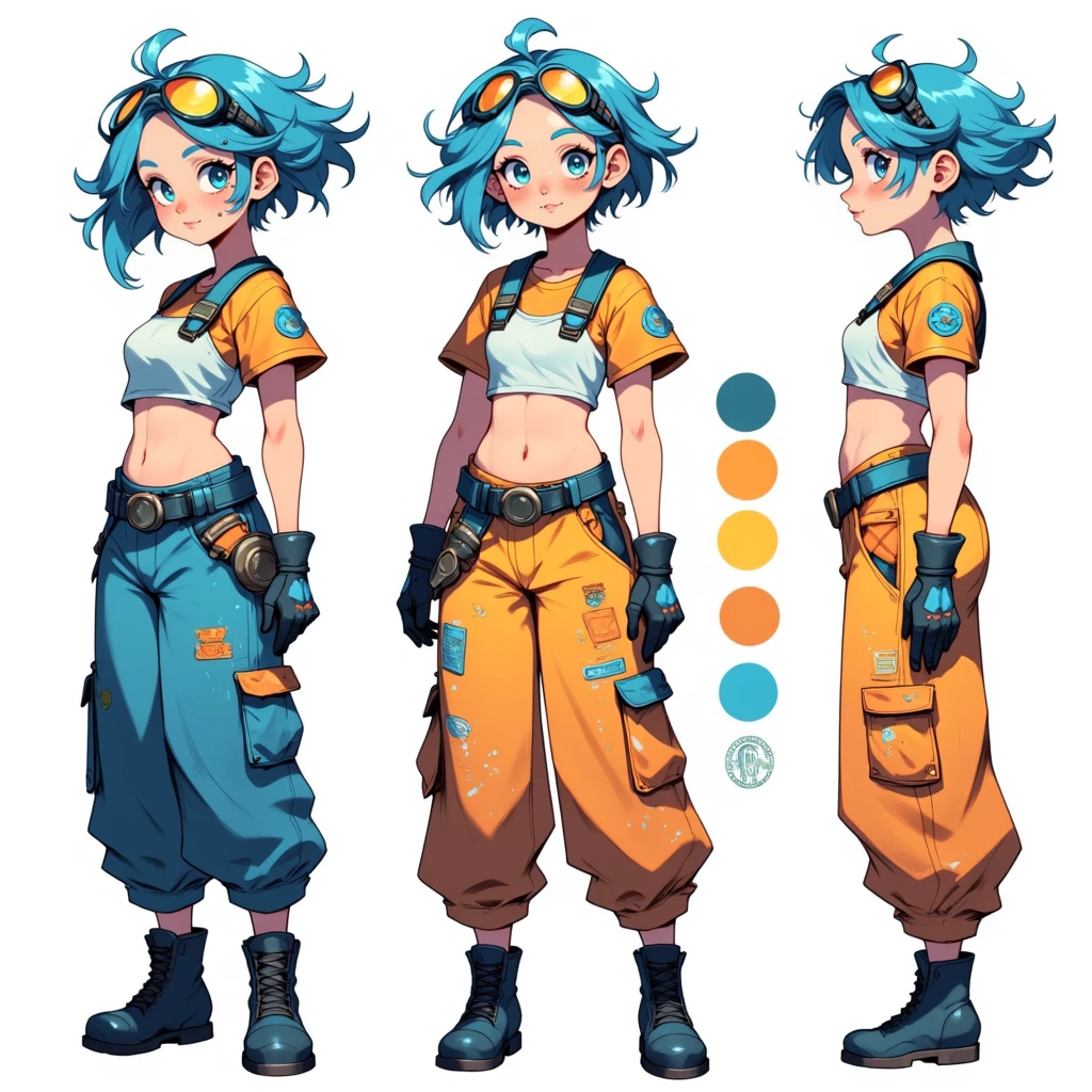 CharacterDesignFLUX,reference sheet,white background,simple background,multiple views, upper body, front, from side, color palette reference, high_detailed, captured in high detail, Girl with goggles in her hair, mechanic's clothes, crop top, baggy pants, tool belt and dirt on her clothes, boots, short blue hair, gloves, magic particles, multiple references