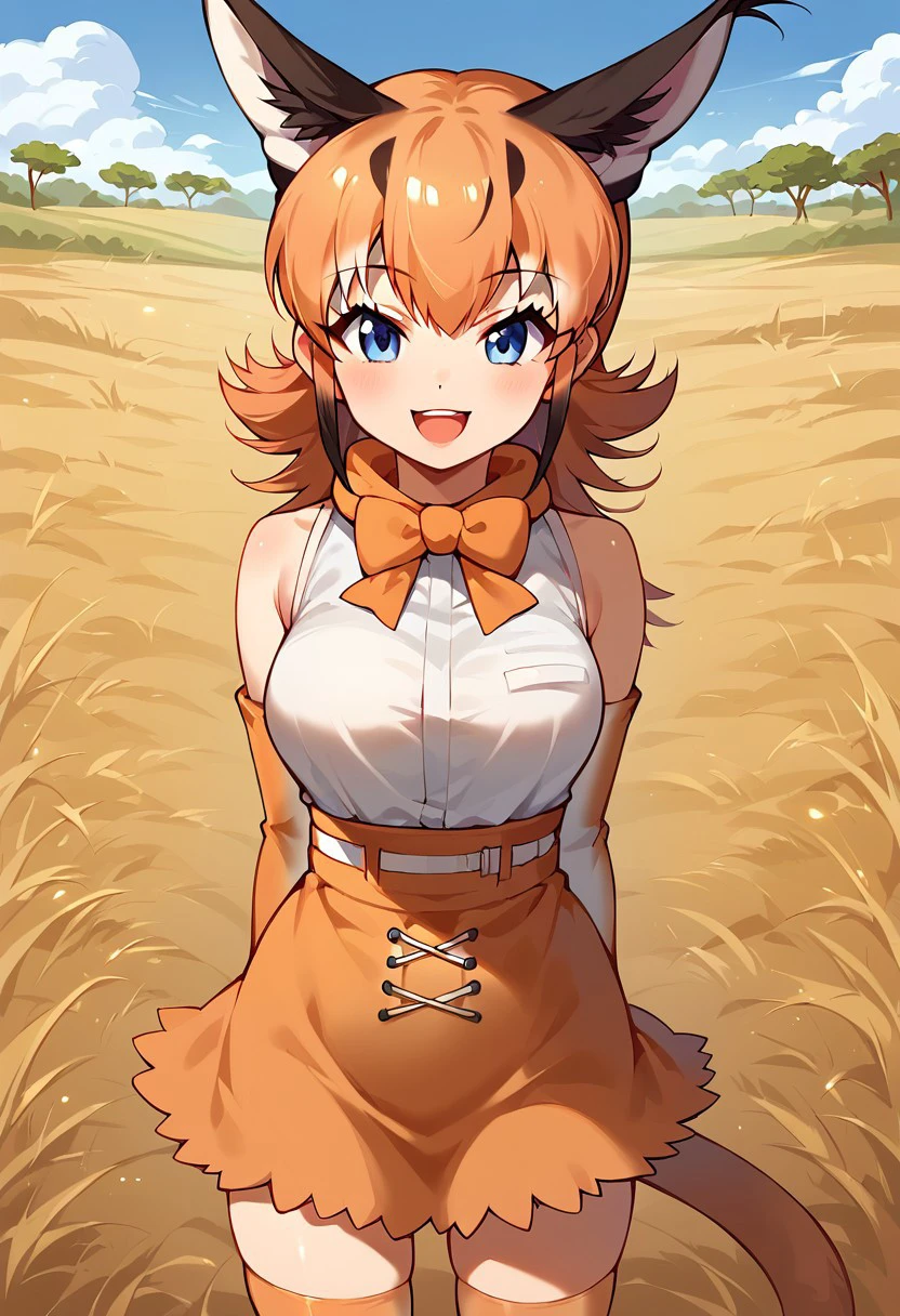 1girl, ((solo)), best quality, ultra-detailed, extremely detailed, perfect anatomy, masterpiece, score_9, score_8_up, score_7_up, caracal (kemono friends), animal ears, animal ear fluff, orange hair, tail, blue eyes, long hair, multicolored hair, white shirt, sleeveless shirt, orange skirt, skirt, orange bowtie, elbow gloves, bare shoulders, thighhighs, standing, open mouth smile, cute look, confident look, looking at viewer, happy, African savanna background, savanna, posing, closeup, portrait shot, hands at sides,