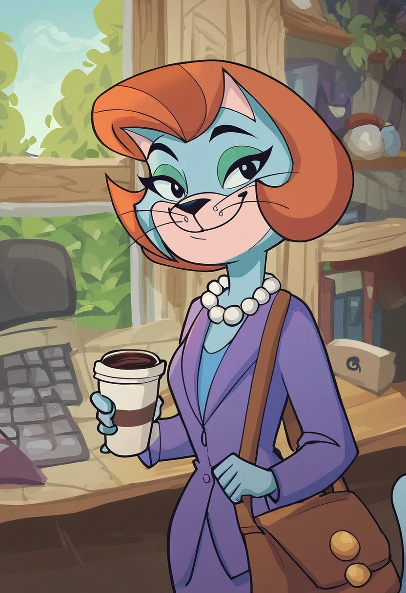 score_7_up, score_8_up, score_9, 2d, cartoon, 
trixie-topcat, catgirl, anthro cat, blue fur, orange brown hair, black eyes, pearl necklace, green eyeshadow,
smiling, looking at viewer, fully body view, brown shoulderbag, holding coffee, office