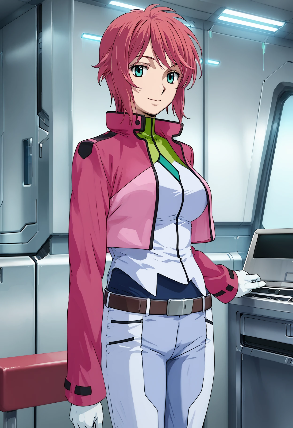 score_9, score_8_up, score_7_up, score_6_up, score_ANIME,1girl, , <lora:feldt_grace_pony:1> looking at viewer, cowboy shot,feldtgrace, feldtmovie, solo, 1girl, , pink hair, short hair, belt, cropped jacket, smile, green eyes, looking at viewer, standing, white gloves, pants, large breasts,  closed mouth,