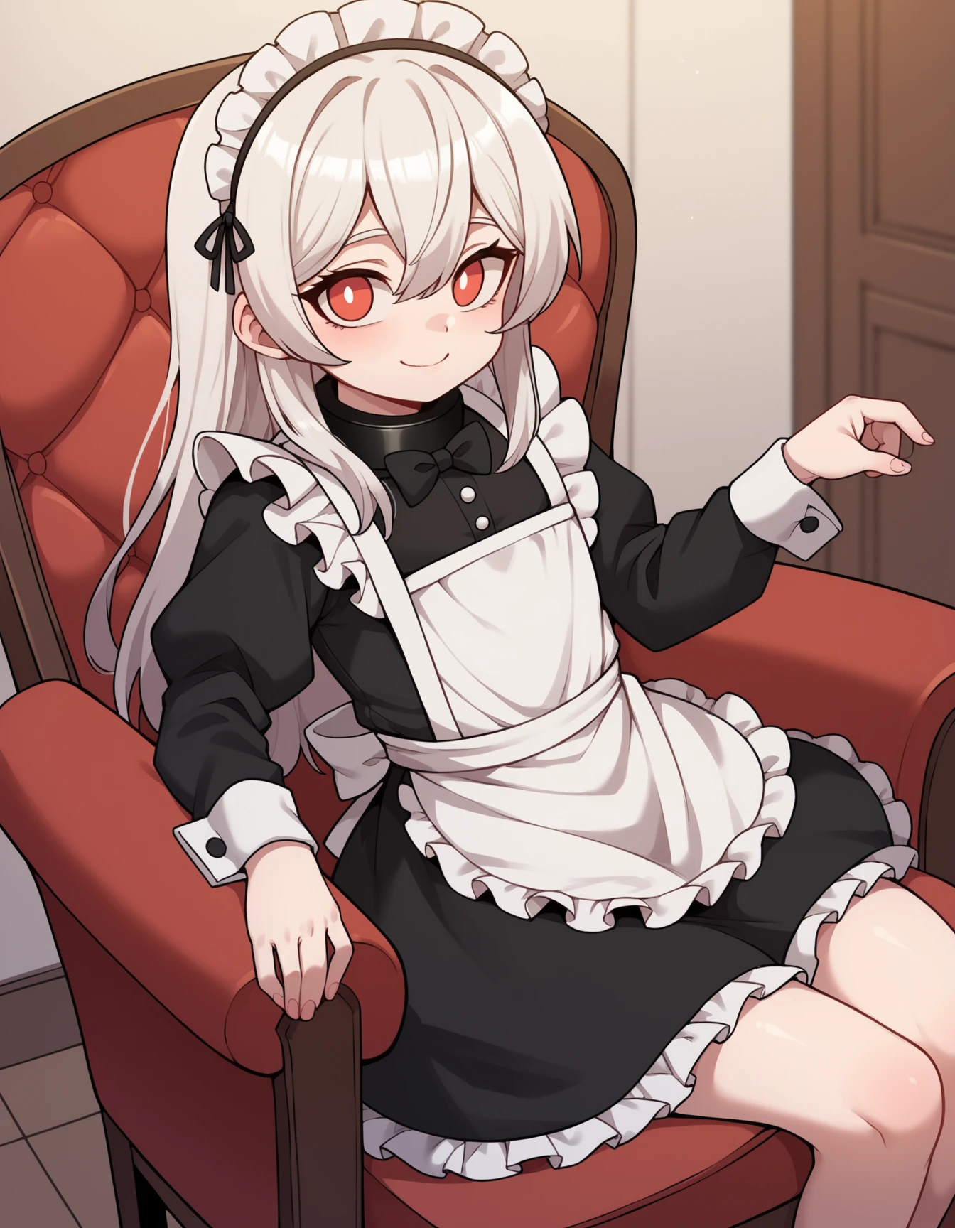 zPDXL2, score_9, score_8_up, score_7_up,
1girl,  solo, <lora:House-24:1> LiebeHouse, child, white hair, red eyes,long hair, slave metal collar, flat chest
maid, frills, bowtie, black dress, long sleeves, wrist cuffs, maid apron, white apron,
sit on chair, looking at viewer, smile, closed mouth