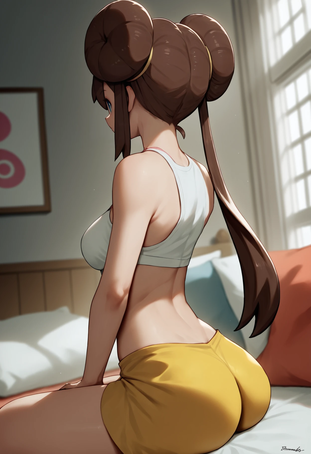 score_9, score_8_up, score_7_up, source_anime BREAK 1girl, solo, <lora:kionaoki-artist-richy-v1_pdxl:1> rosa \(pokemon\), brown hair, double bun, sitting, indoors, twintails, from behind, from side, ass, yellow shorts, breasts