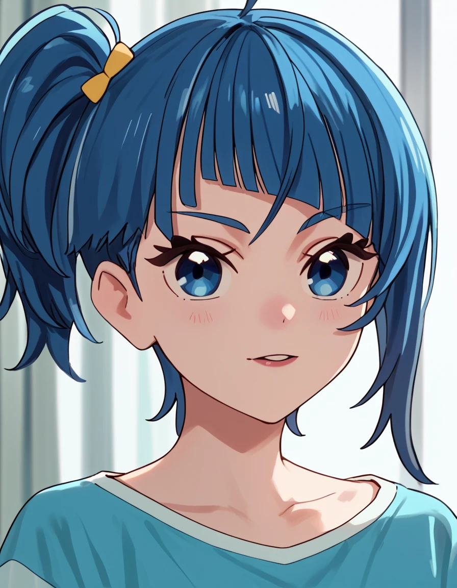 Sora, short hair, bangs, blue eyes, blue hair, side ponytail,  <lora:SoaringSkyPrettyCure:1>, score_9, score_8_up, score_7_up, score_6_up, score_5_up, score_4_up, source_anime,  , portrait,