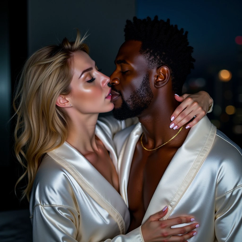 A medium shot in a high-rise condo at 1:00 AM, showing a beautiful 30-year-old woman with pale white skin, messy dirty blonde hair, and dark blue eyes playfully tickling a handsome, athletic 30-year-old man with dark black skin. Both wear silk robes. Harsh flash lighting creates an overexposed, sharp-focus effect, highlighting their happy, romantic, and wholesome interaction. Rated PG