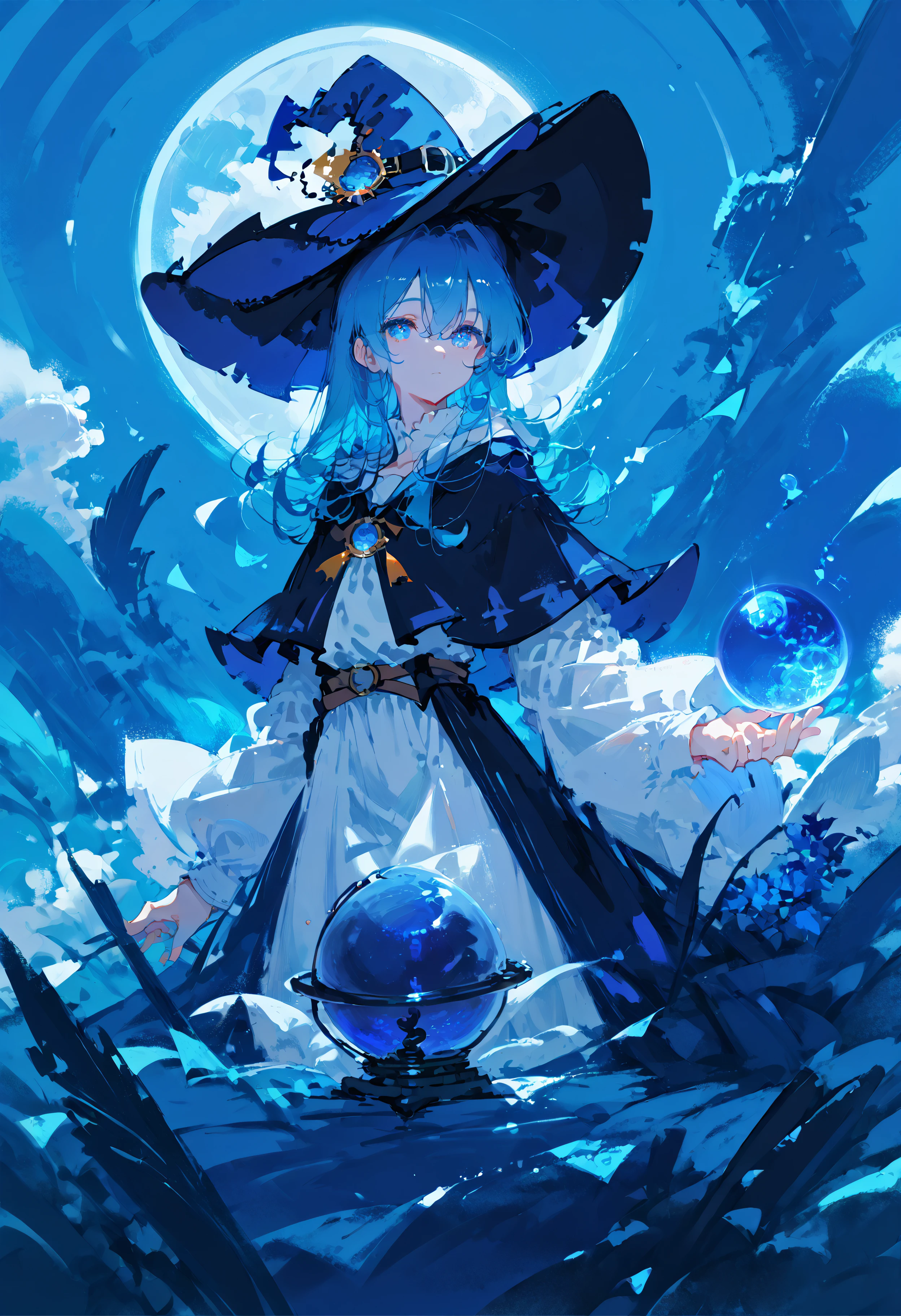 score_9, score_8_up, score_7_up, best quality, source_anime BREAK, 1girl, blue eyes, blue hair, witch hat, looking at viewer, blue theme, closed mouth, long hair, long sleeves, orb, blue headwear, hair between eyes, <lora:PastelMix:1>