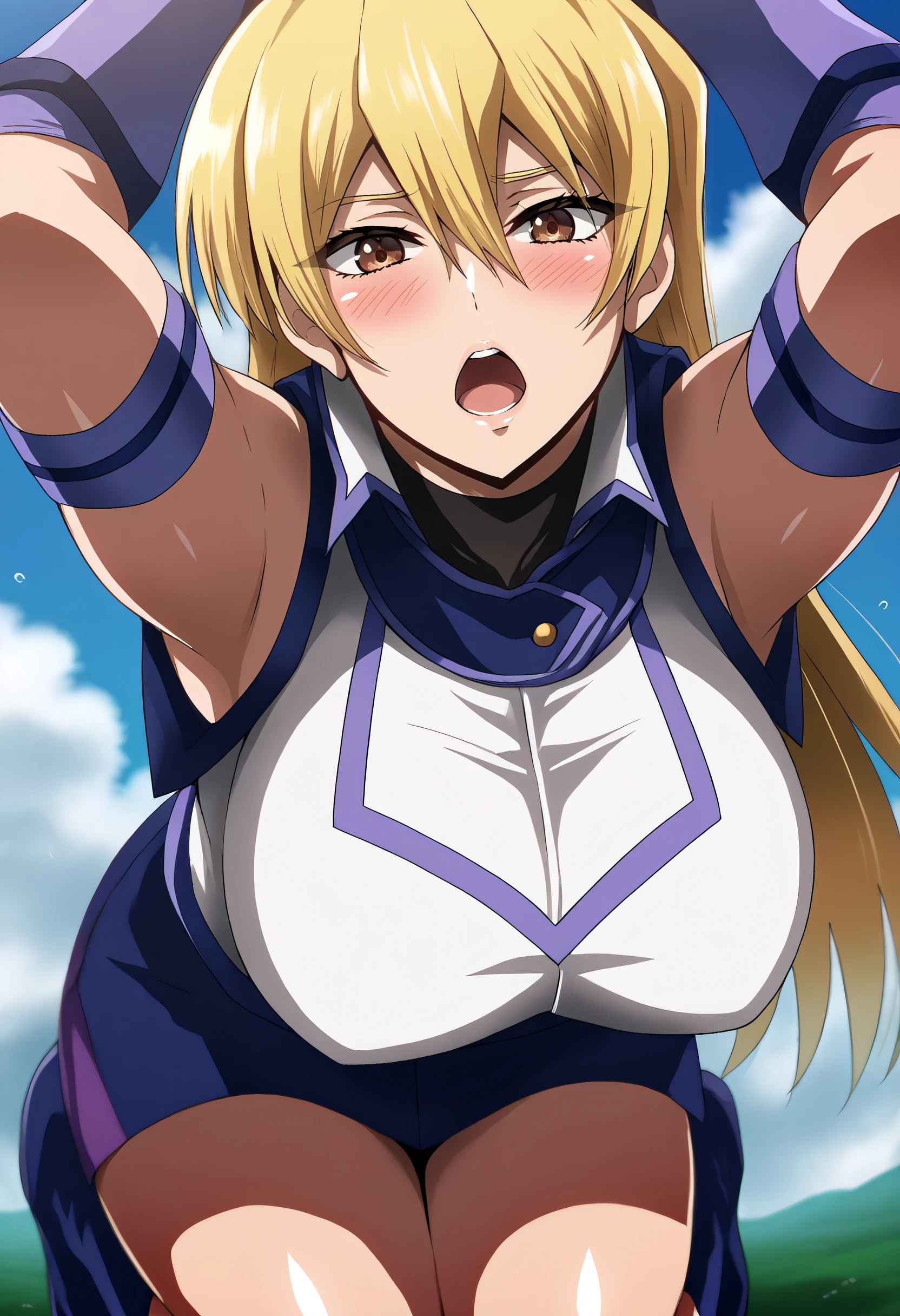 score_9, score_8_up, score_7_up, source_anime, takeda hiromitsu style, (from below ceiling), ((1girl)and(1fat man,short stature)),hetero,((((1girl,saber,artoria pendragon/(((fate/)))) , ahoge, blonde hair, green eyes, hair between eyes, middle breasts, 15 years old, braided bun, hair blue small bow, (white blouse, collared shirt, long sleeves), blue neck ribbon, (medium skirt, high-waist skirt, blue skirt, pleated skirt,) black pantyhose,(rolling eyes:1.4),(ahegao),(trembling),cum in pussy,(cum on clothes:1.4), cum on breasts,cum on body,cum facial, bukkake, cum in mouth,cum on hair,(excessive cum), (1fat man, short stature:1.4),((smug)),small penis, nipples,sex from behind, standing sex, bent over, grab her arms, ((((motion lines)))), vulgarity, clothed,(wrestling ring),  