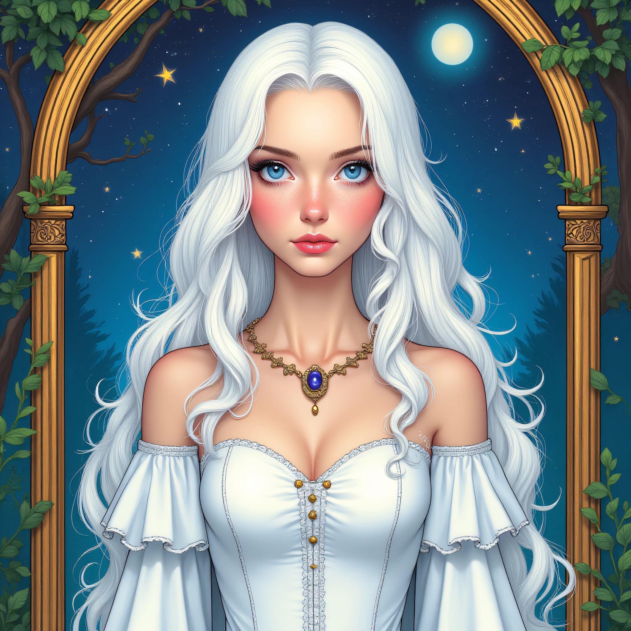 ArsMJStyle, Wonderland, The White Queen, The image shows a woman with long white hair wearing a white dress and a necklace standing in front of a frame with trees and stars in the background., 1girl, jewelry, solo, long hair, blue eyes, white hair, necklace, freckles, moon, looking at viewer, dress, full body, collarbone, makeup, lips