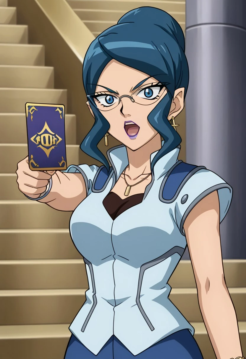 score 9, score 8 up, score 7 up, bakugan, bakugan gundalian invaders, lena isis, 1girl, solo, glasses, jewelry, blue hair, holding card, pointing, open mouth, blue eyes, looking at viewer, bracelet, earrings, lipstick, necklace, sidelocks, parody, Large breasts