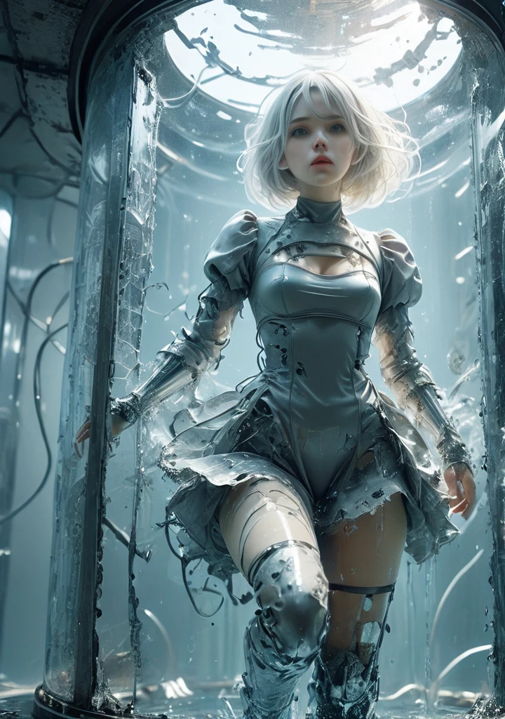 Woman stepping out of broken glass container,<lora:Stairway_to_liberation_ver1.4:1>,2b nier,silver hair,
Look up,inside glass tank,mecha girl,tube,wire, torn cloth,<lora:2b_nier_automata:0.8>,under water,drone