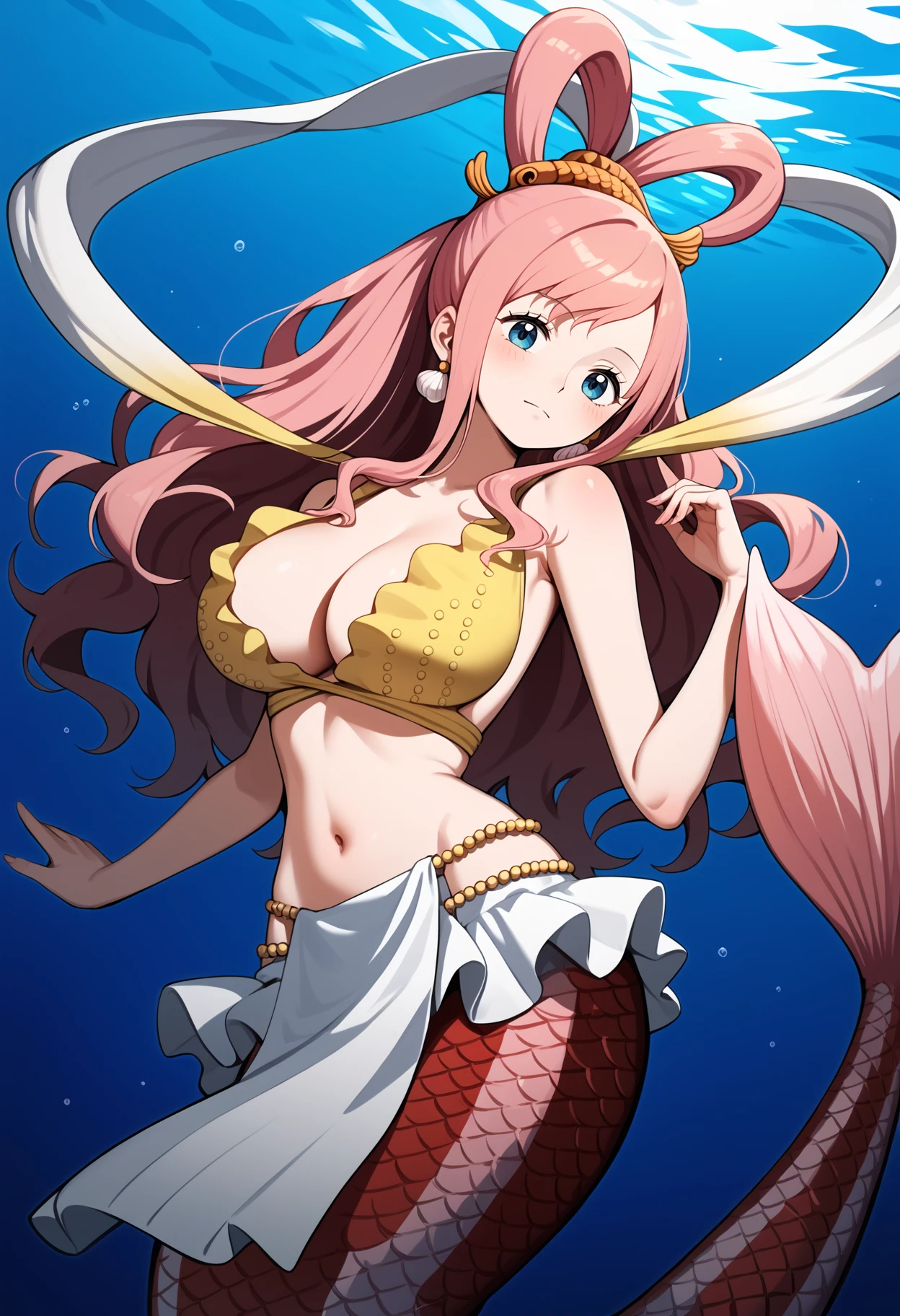 (illustration:1.8),(best quality),(masterpiece:1.5),masterpiece,extremely detailed CG unity 8k wallpaper),depth of field, mermaid, 1girl, solo, midriff, navel, armpits, bra, fins, gills, bracelet, armlet, necklace, pearls, choker, gold, jewelry, full body, hong_meiling_touhou