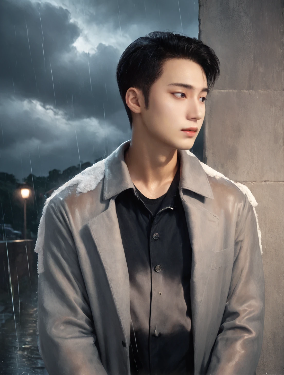 artistic lighting,realistic,4k,highres,score_9, score_8_up, score_7_up,highres, asian,<lora:kboy3:0.7>,kboys,solo,short hair,1boy,looking away,coat,rain,clouds,leaning against wall,forehead,cowboy shot, high contrast,standing,shadow,night