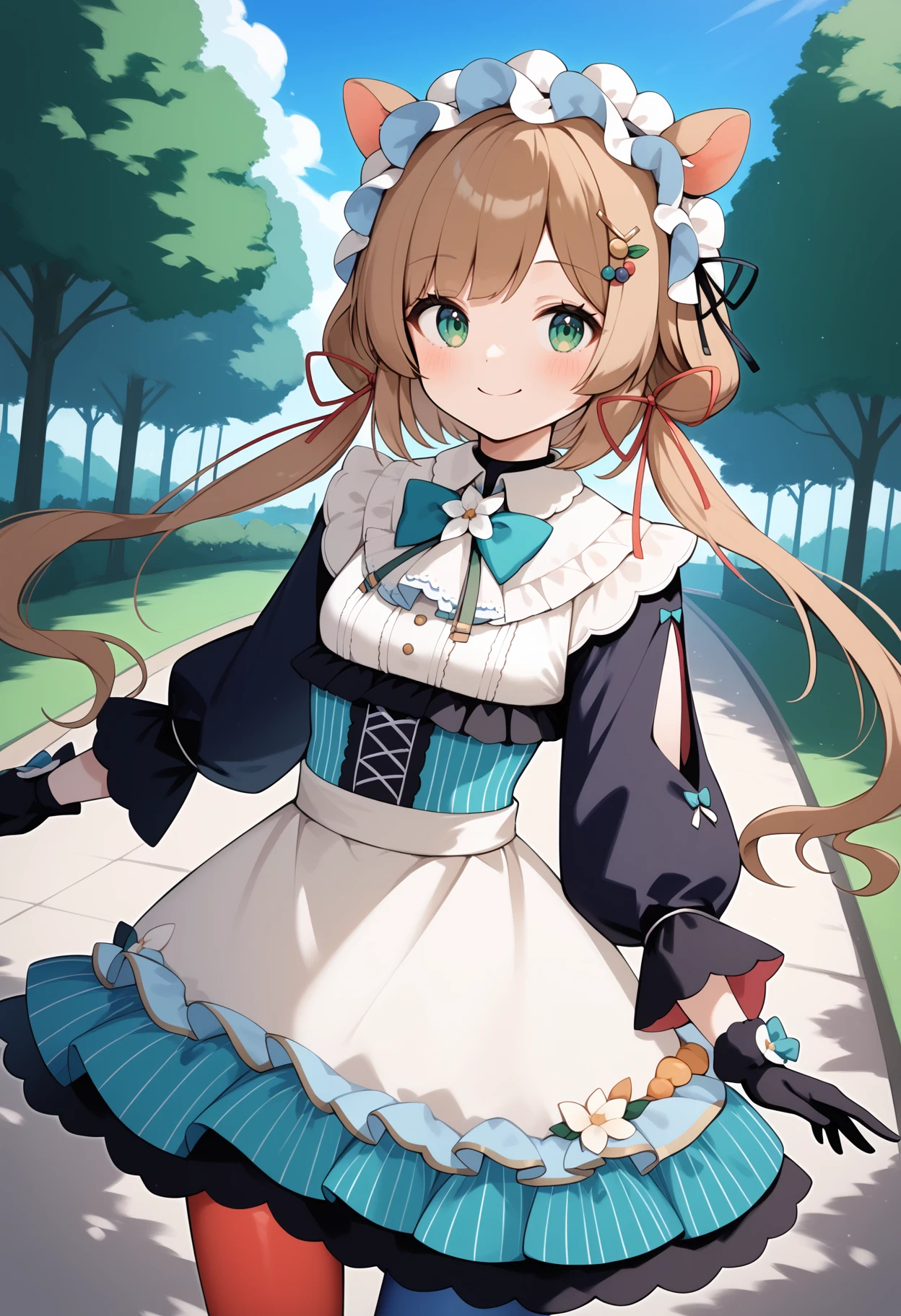 score_9, score_8_up, score_7_up, score_6_up, score_5_up, score_4_up, source_anime, aaeli, long hair, brown hair, low twintails, animal ears, headdress, hair ornament, green eyes, small breasts, aqua bowtie, frills, layered dress, white dress, black sleeves, black gloves, corset, asymmetrical legwear, blue pantyhose, red pantyhose, <lora:eli_conifer_ponyxl_v1:0.9>, standing, cowboy shot, outdoors, park, smile,