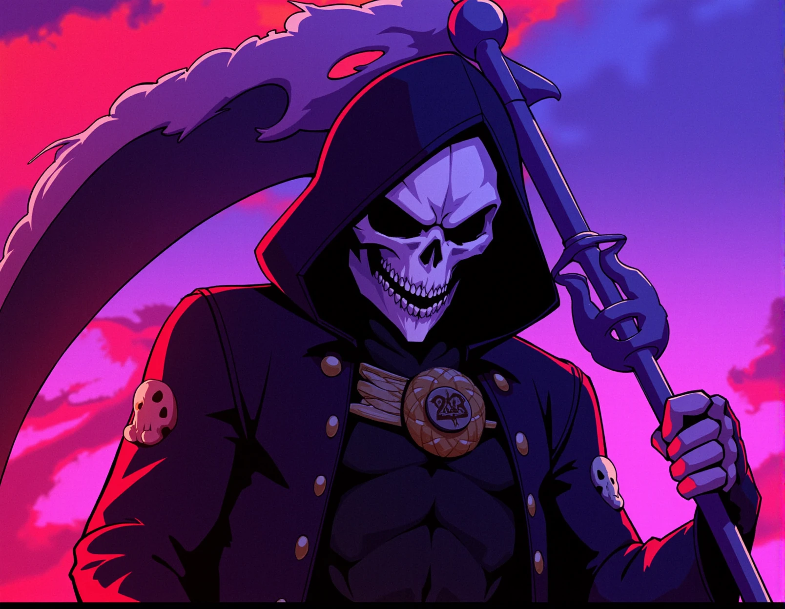 <lora:v15_zzz_comix2_000005750:1> zzzgamecomix style, portrait of the grim reaper, black cape, skull, scythe, vibrant surreal colours, reds, purples, blues, pinksâââ