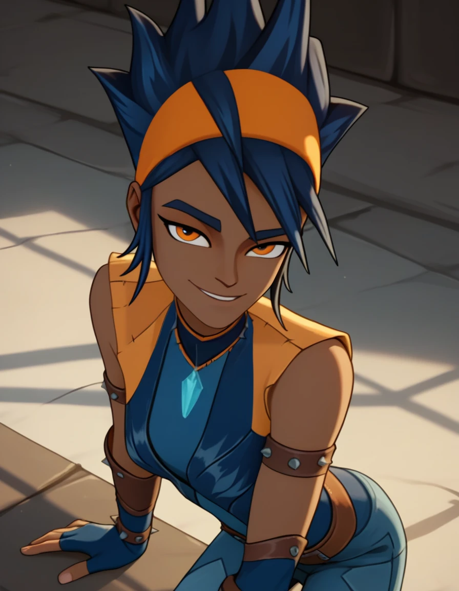 score_9, score_8_up, score_7_up, score_6_up, score_5_up, score_4_up, Piper, dark skin, orange eyes, blue hair, spiked hair, sidelocks, orange hairband, sleeveless, blue crystal pendant choker, blue bridal gauntlets, blue leather shirt, blue pants, brown leather boots, blue partially fingerless gloves, 1girl, solo, sexy smile, cel shading, looking at viewer, half-closed eyes