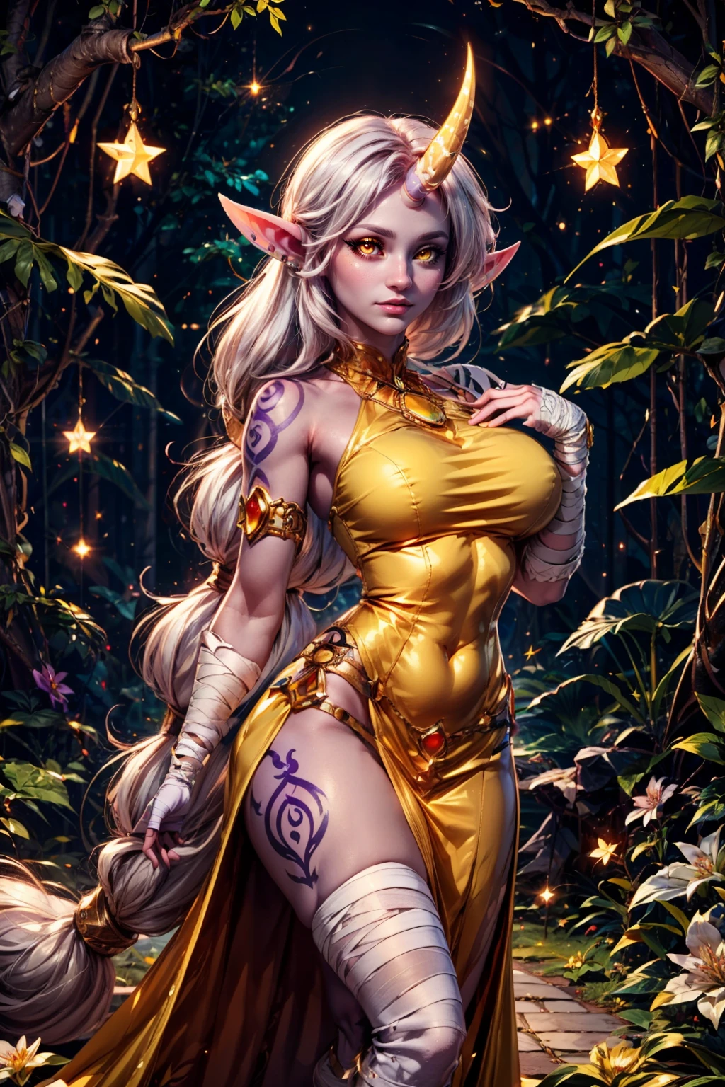 (ultra realistic,32k, masterpiece:1.2),(high detailed skin:1.1),( high quality:1.1), BREAK,   <lora:Soraka_Leagueoflegends_v2:0.7>,  zzSoraka,  purple skin, white hair, long low-tied hair, sidelocks, yellow eyes, pointy ears, single horn, full-body tattoo, bare shoulder, yellow jewel, red cropped top, yellow dress, armlet, bandaged arm, bandaged leg, goat hooves, magical aura, ethereal forest, glowing lights, moonlit night, mystical theme, dynamic pose, elegant stance,   BREAK,  blooming stars, luminescent petals, otherworldly fragrance blurry background, (looking at viewer, standing:1.1), huge breast, large breast, <lora:add_detail:0.92>, (glowwave:1.1),