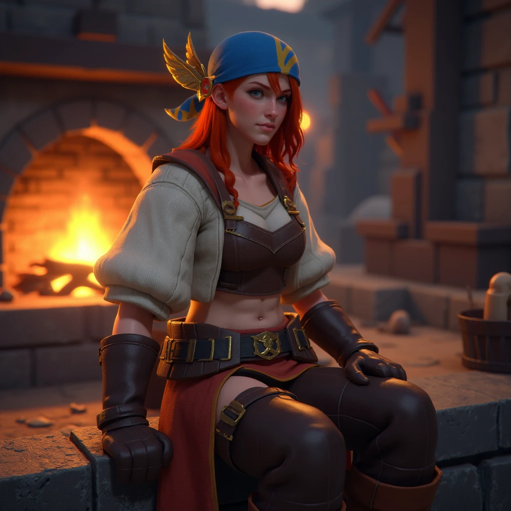 cgi rendering of minaylemhr woman with red hair sitting at the forge. She wears a blue bandana.