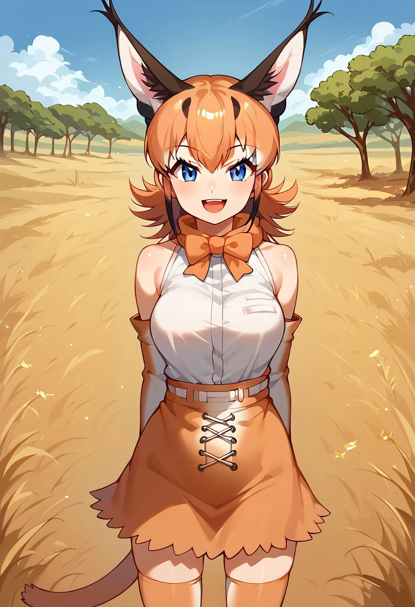 1girl, ((solo)), best quality, ultra-detailed, extremely detailed, perfect anatomy, masterpiece, score_9, score_8_up, score_7_up, caracal (kemono friends), animal ears, animal ear fluff, orange hair, tail, blue eyes, long hair, multicolored hair, white shirt, sleeveless shirt, orange skirt, skirt, orange bowtie, elbow gloves, bare shoulders, thighhighs, standing, open mouth smile, cute look, confident look, looking at viewer, happy, African savanna background, savanna, posing, closeup, portrait shot, hands at sides,