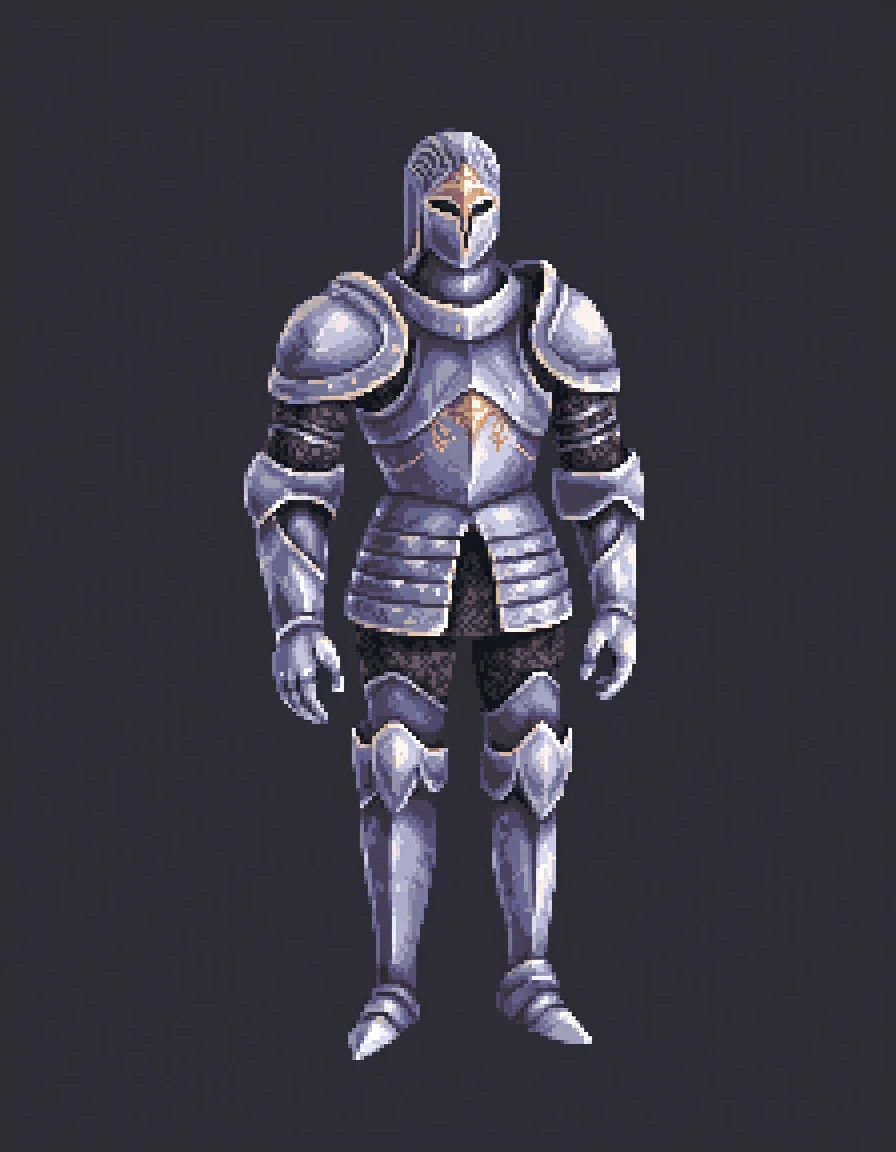 pixel art style, on a plain dark background, an a knight's mithril armor. it has ornaments and is of high quality