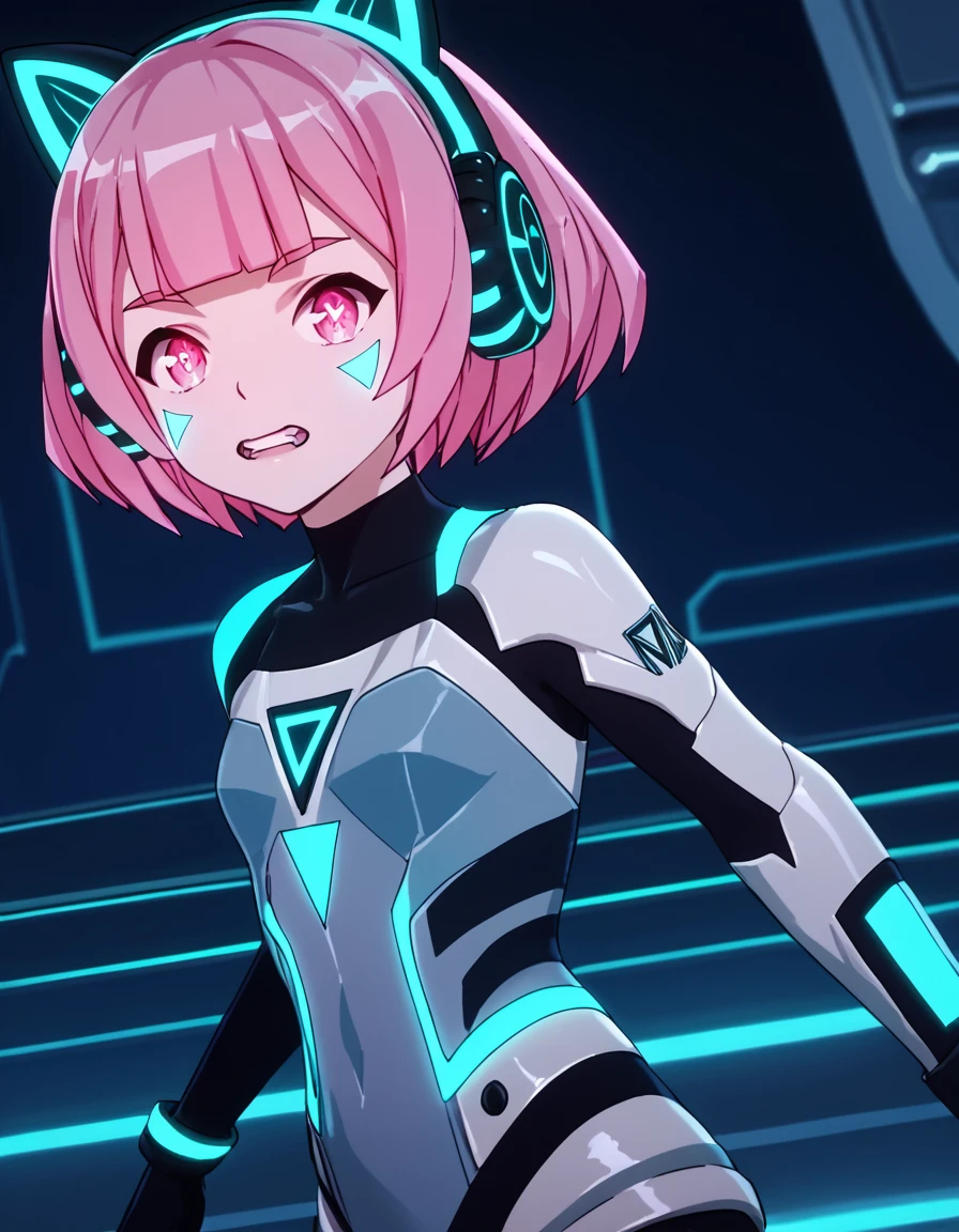 <lora:XilingJiyuan:1>,  score_9, score_8_up, score_7_up, score_6_up, score_5_up, score_4_up, source_anime,  , dynamic pose,  Chive, short hair, bangs, gloves, pink hair, teeth, black gloves, blunt bangs, pink eyes, symbol-shaped pupils, bodysuit, fake animal ears, glowing, headphones, facial mark, animal ear headphones, mechanical ears,