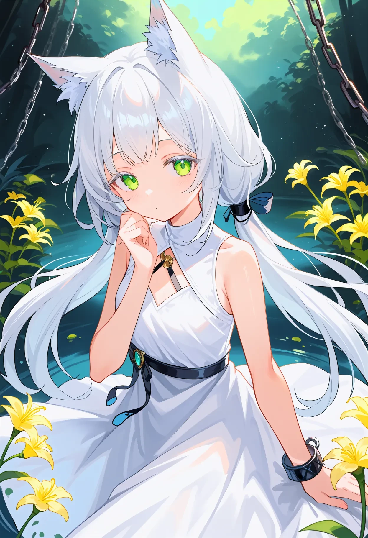 rosmontisB, score_9, best quality,
white eyelashes, 1girl, , low twintail, animal ears, long hair, flower, dress, green eyes, white dress, chain, animal ear fluff, white hair, lily (flower), bare shoulders, wolf ears, bangs, sleeveless, black anklet,
looking at viewer, closed mouth, Expressionless, upper body
 <lora:rosmontisXL_pony:1>