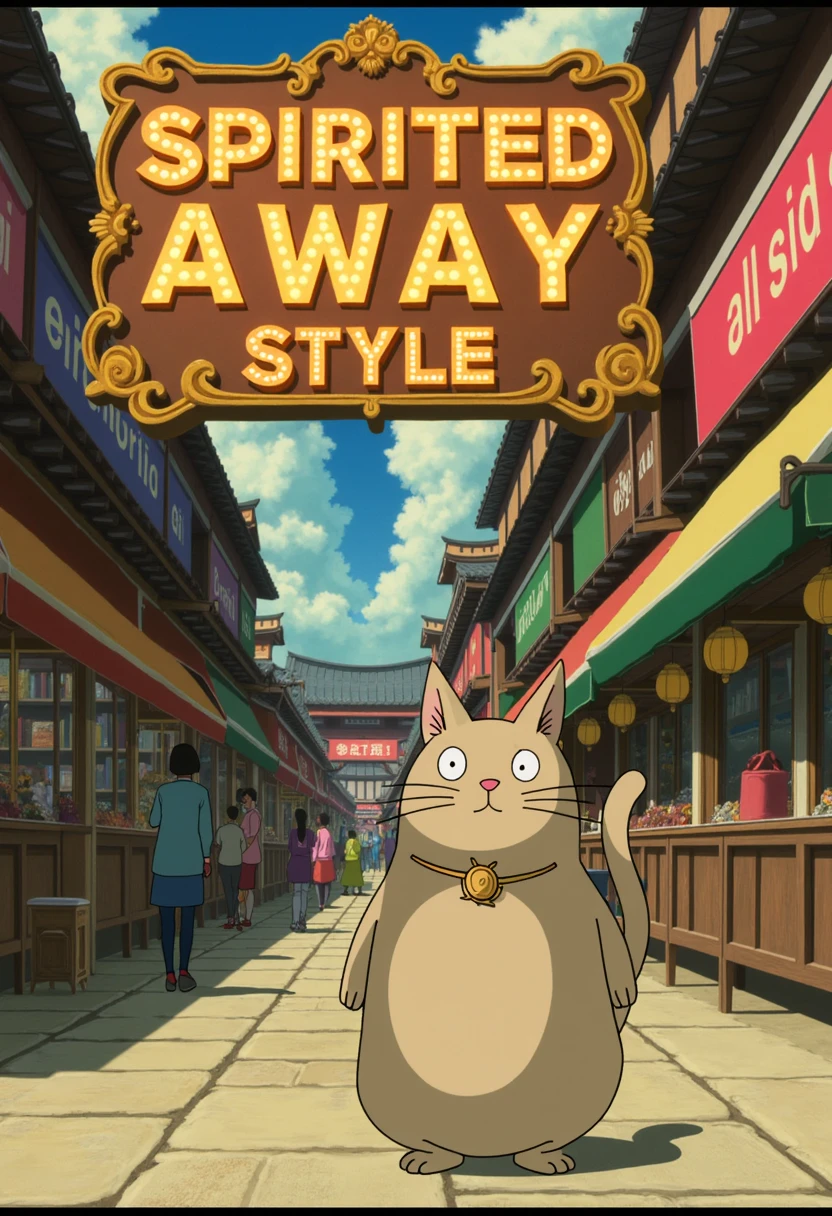 A scene from the animated Studio Ghibli movie Spirited Away: A curious cat with sleek fur and expressive eyes stands confidently in a vibrant marketplace filled with colorful stalls and bustling activity. The cat wears a small, decorative collar, adding a touch of personality as it explores the lively environment. Above the marketplace, a large, ornate sign prominently displays the text "Spirited Away Style" in elegant, glowing letters. The scene is rich with detail, capturing the whimsical and enchanting aesthetic typical of the Spirited Away style, with warm colors, intricate patterns, and a magical atmosphere.