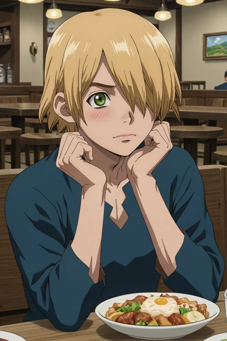 score_9, score_8_up, score_7_up, source_anime, rating_safe, , anime screencap, , , , , 1boy, solo, male focus, <lora:ginrou_dr_stone_pony:0.98>, ginrou_dr_stone, blonde hair, green eyes, short hair, hair over one eye, focused, restaurant, dawn, legs up, shy, blush, , <lora:sdxl_lightning_8step_lora:1>