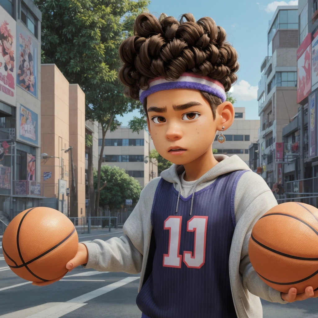 anime artwork of  <lora:Tyler Nguyen sd1.5:1>
Tyler Nguyen a cartoon character holding a basketball ball, cinematic animation, cartoon, anime, animation, art, solo, looking at viewer, short hair, shirt, brown hair, 1boy, holding, jewelry, brown eyes, male focus, outdoors, earrings, teeth, day, dark skin, headband, clenched teeth, ball, holding ball, basketball (object), basketball
, anime style, key visual, vibrant, studio anime,  highly detailed