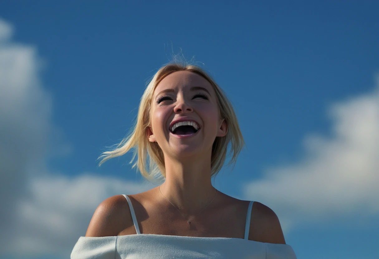 kayleigh mcenany,woman, giggling face, blue sky, cinematic lighting, dramatic, post processed, high detail, 8 k, symmetrical balance, wide angle, high detail, digital art, concept art by kells, tom bagshaw, trending on<lora:Kayleigh McEnany SDXL:0.9>