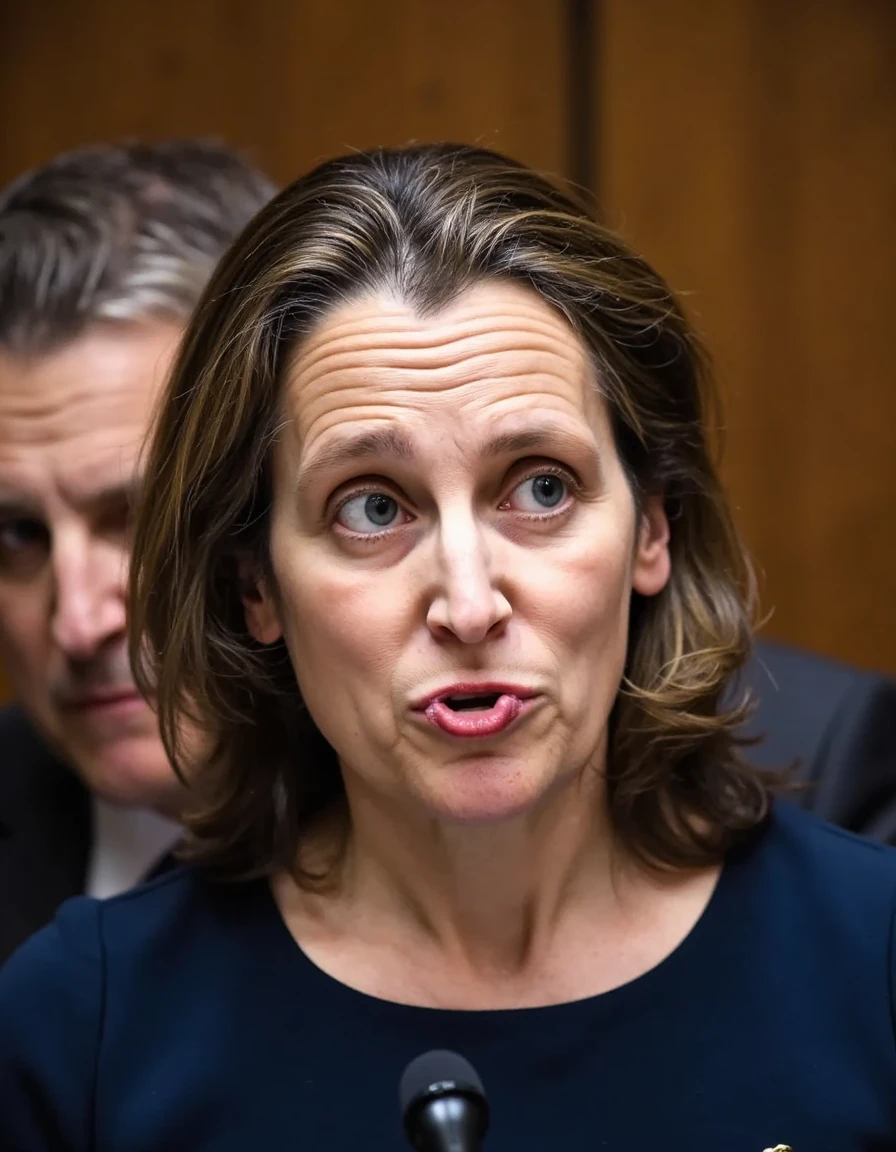 A hyper-realistic portrait of Chrystia Freeland standing in Parliament, mid-speech, captured making one of her signature expressive facesâa mix of wide-eyed surprise and tight-lipped concentration. Her brow is furrowed, and her mouth is slightly twisted as if caught in a moment of restrained frustration or disbelief. The intricate details of her face, from the subtle wrinkles to the gleam in her eyes, are rendered with lifelike accuracy. The background shows the formal setting of Parliament, with muted tones and sharp lighting that highlights every detail of her expression, emphasizing the seriousness of the environment contrasted by her odd, exaggerated facial expression.
<lora:Chrystia_Freeland:1>