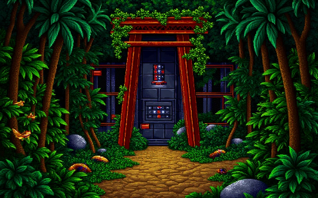 <lora:flux_st25style_000000800:1.5> st25style, Seen through a lush alien Amazonian forest, The front of an ancient temple on a lush amazon planet. the temple is constructed of steel girders and mesh fence but has rusted, the reds contrasting with the green of the overgrown vines and plants that envelope the temple. There is various colorful alien wildlife in the forest on leaves and barks of trees. Glowing panel lights can be seen inside the entrance of the temple