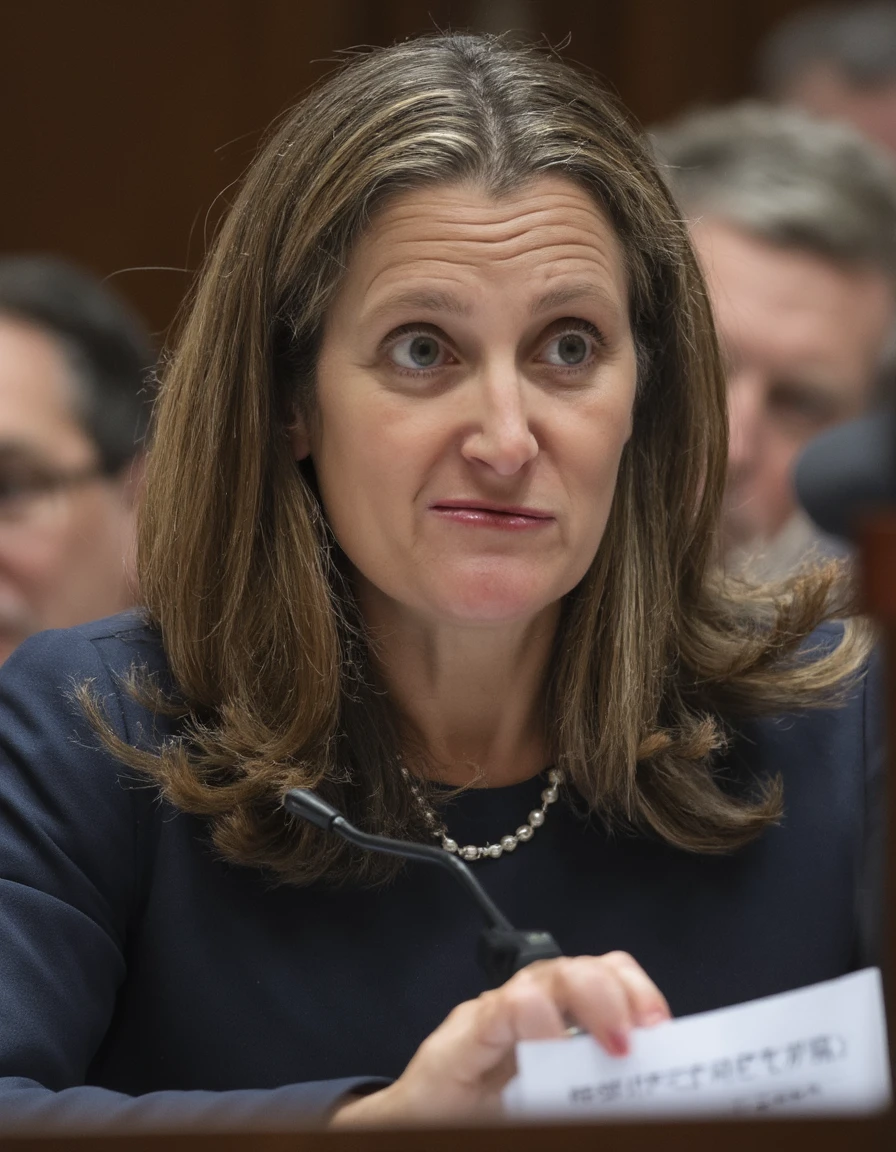 A hyper-realistic portrait of Chrystia Freeland standing in Parliament, mid-speech, captured making one of her signature expressive facesâa mix of wide-eyed surprise and tight-lipped concentration. Her brow is furrowed, and her mouth is slightly twisted as if caught in a moment of restrained frustration or disbelief. The intricate details of her face, from the subtle wrinkles to the gleam in her eyes, are rendered with lifelike accuracy. The background shows the formal setting of Parliament, with muted tones and sharp lighting that highlights every detail of her expression, emphasizing the seriousness of the environment contrasted by her odd, exaggerated facial expression.
<lora:Chrystia_Freeland:1>