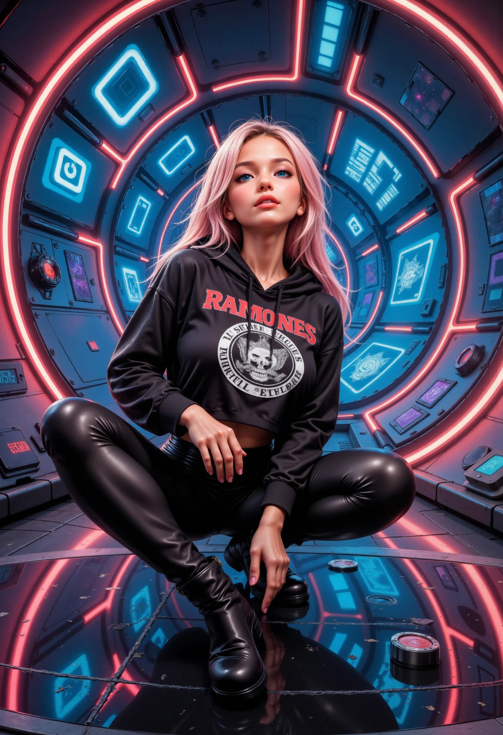 A highly detailed, photorealistic image of a asian model, messy pink hair, wearing a cropped black hoodie with bold, distressed text and designs similar to a rock band logo,The RAMONES, exuding a rebellious, punk-rock vibe. The model sits confidently, with leather leggings and boots adding to her edgy aesthetic, her platinum blonde hair cascading past her shoulders.

The background is a surreal, high-tech spaceship interior, where sleek metallic walls stretch and warp, forming impossible angles. Neon lights pulse rhythmically along the floor, ceiling, and walls, casting vivid hues of deep blues, purples, and electric pinks that reflect off the metallic surfaces. The spaceship's control panels are alive with floating holographic symbols and glitchy, abstract patterns that constantly morph as though powered by an otherworldly force.

Floating objects—fragments of oversized neon letters, much like the ones the model is sitting on—drift lazily around the room, defying gravity. The floor is an endless expanse of glassy, mirrored surfaces reflecting not just the scene, but abstract visions of distant galaxies. The atmosphere is a mix of futuristic dystopia and retro rock-and-roll, with the model as the focal point, looking cool and unbothered amidst the surreal, chaotic environment around her.