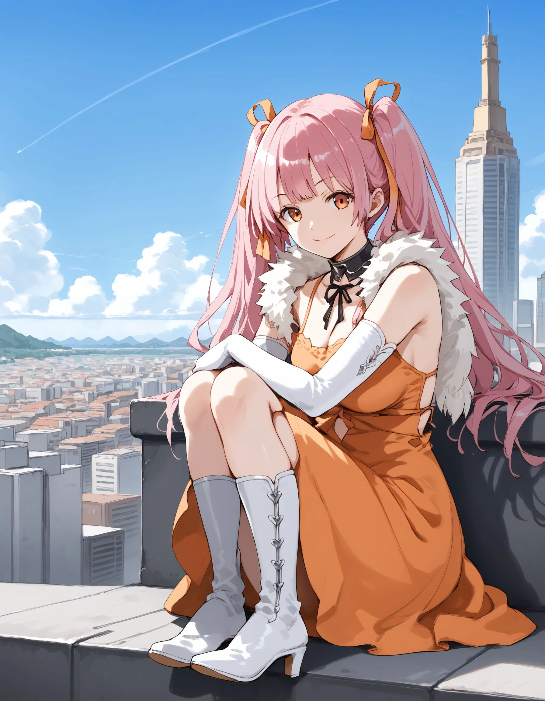 score_9, score_8_up, score_7_up, score_6_up, BREAK source_anime, best quality, masterpiece,
1girl,<lora:artist metalmaxPonyXL:0.8>,artist metalmax,pink hair,choker,elbow gloves,fur trim,orange dress,boots,full body,sitting,smile,looking at viewer,city,building,cityscape,skyline,