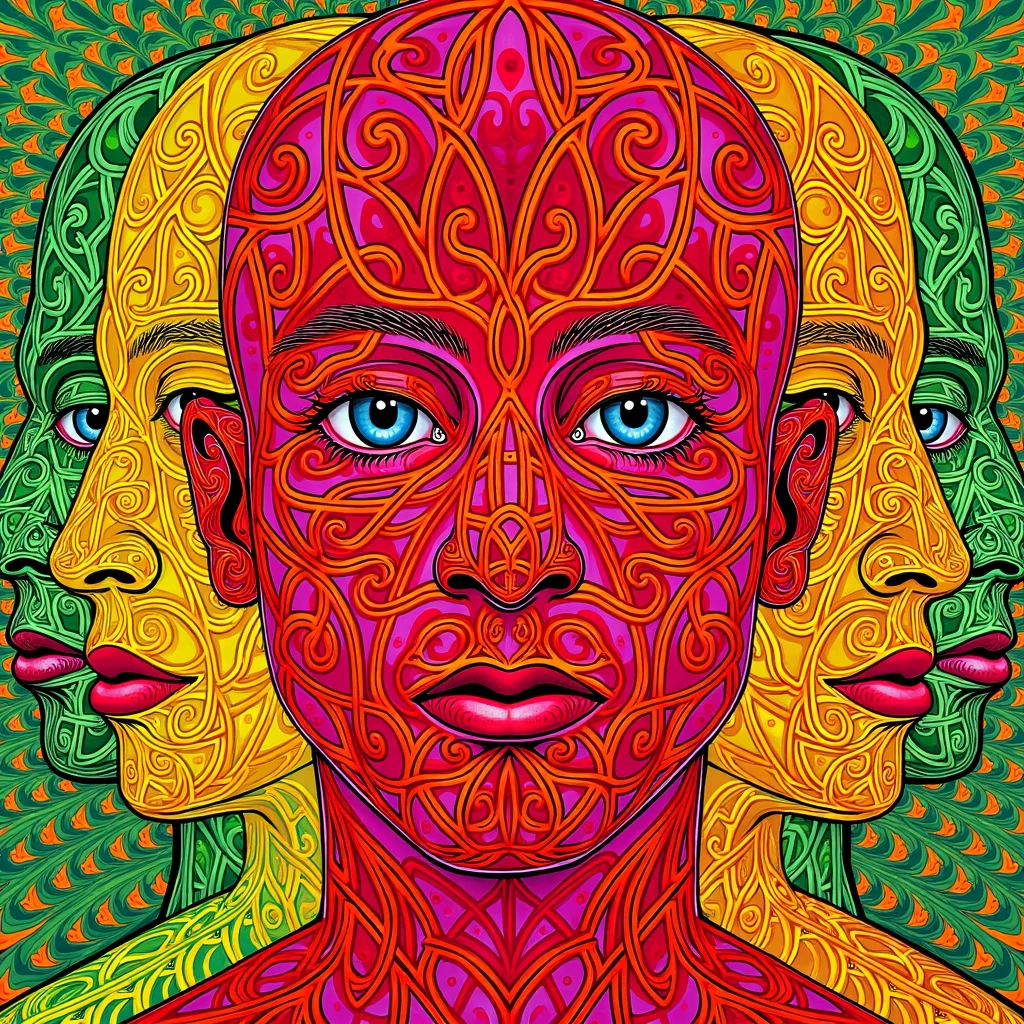 AX6RY, Multiple colorful faces, intricate patterns covering faces, large red face in the center, smaller faces in green, yellow, and orange to the sides, repeating pattern in background